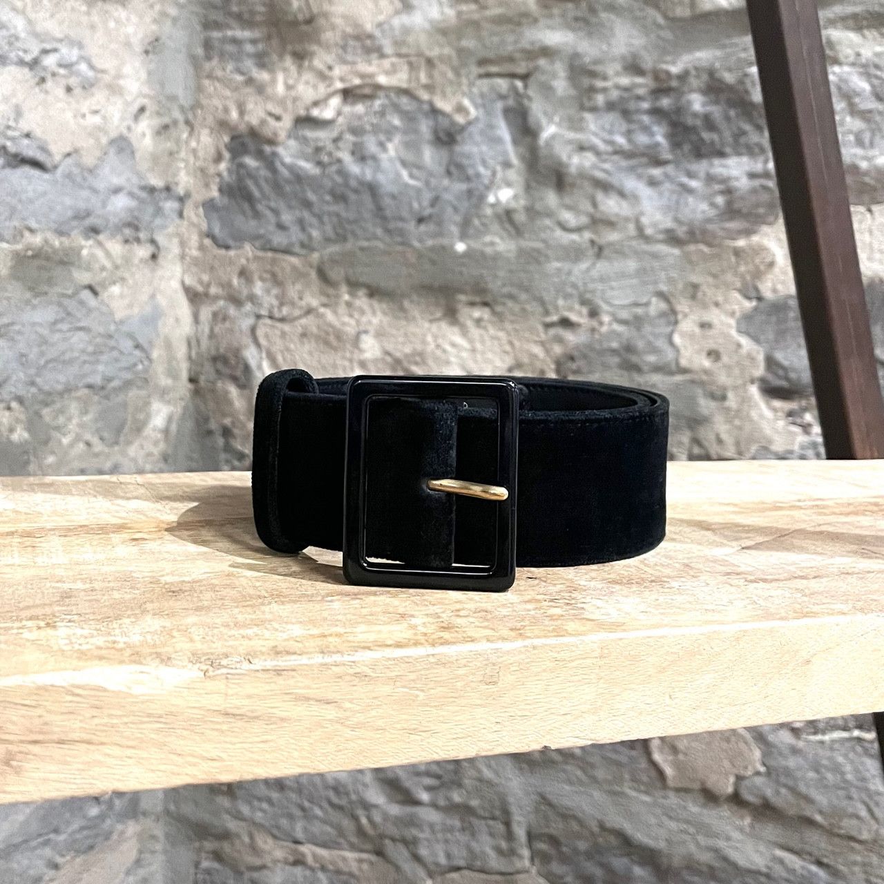 Yves Saint-Laurent Black Velvet Plexi Buckle Belt
