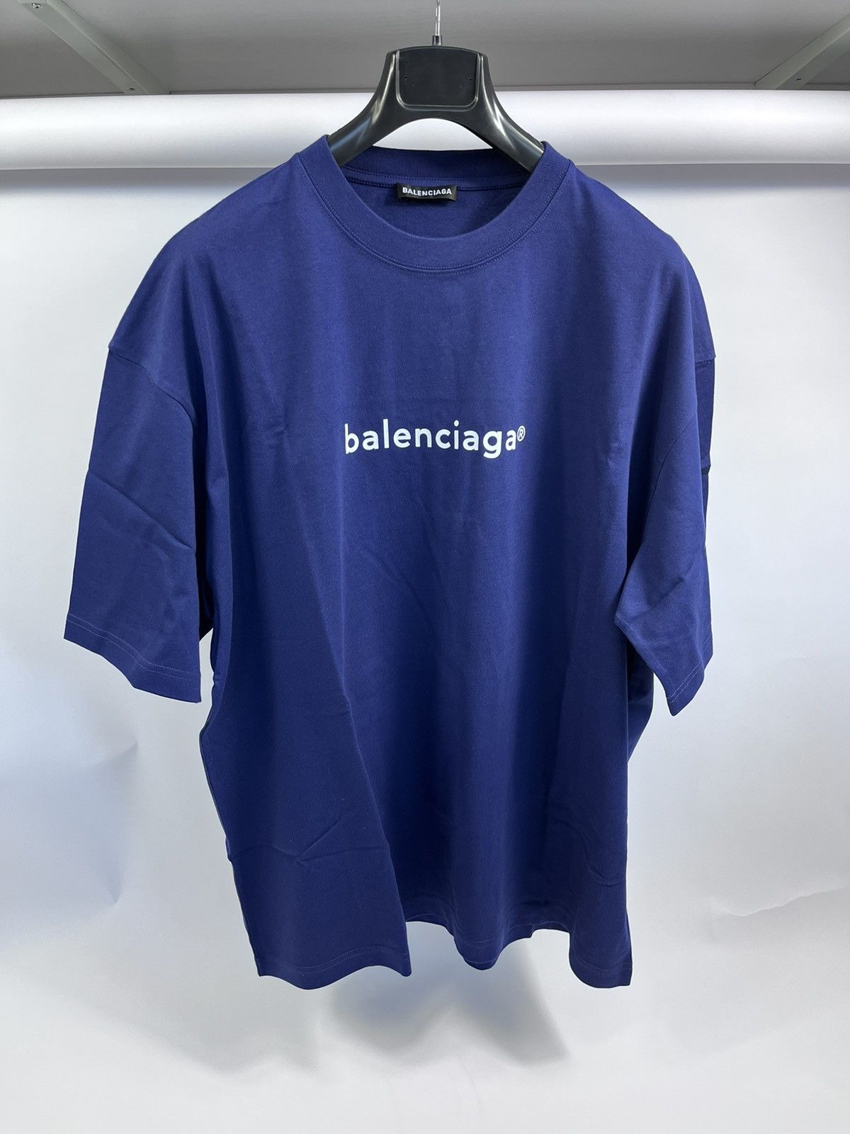 Image of Balenciaga Blue Logo Print Boxy T-Shirt, Men's (Size 2XL)