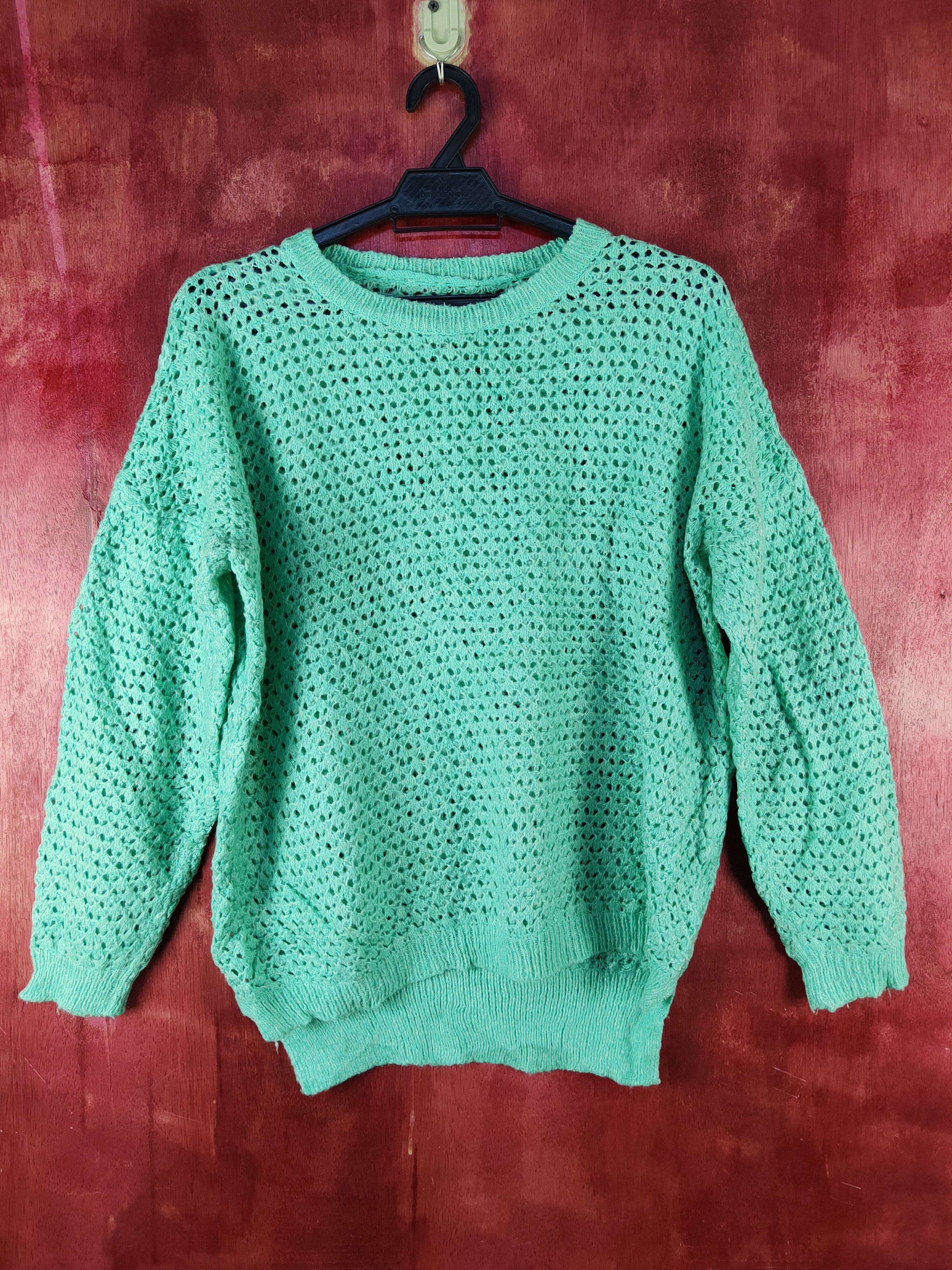 image of Homespun Knitwear Japan Turquoise Crochet Meshnet Knit Sweatshirt S1016 in Turqouise, Women's (Size