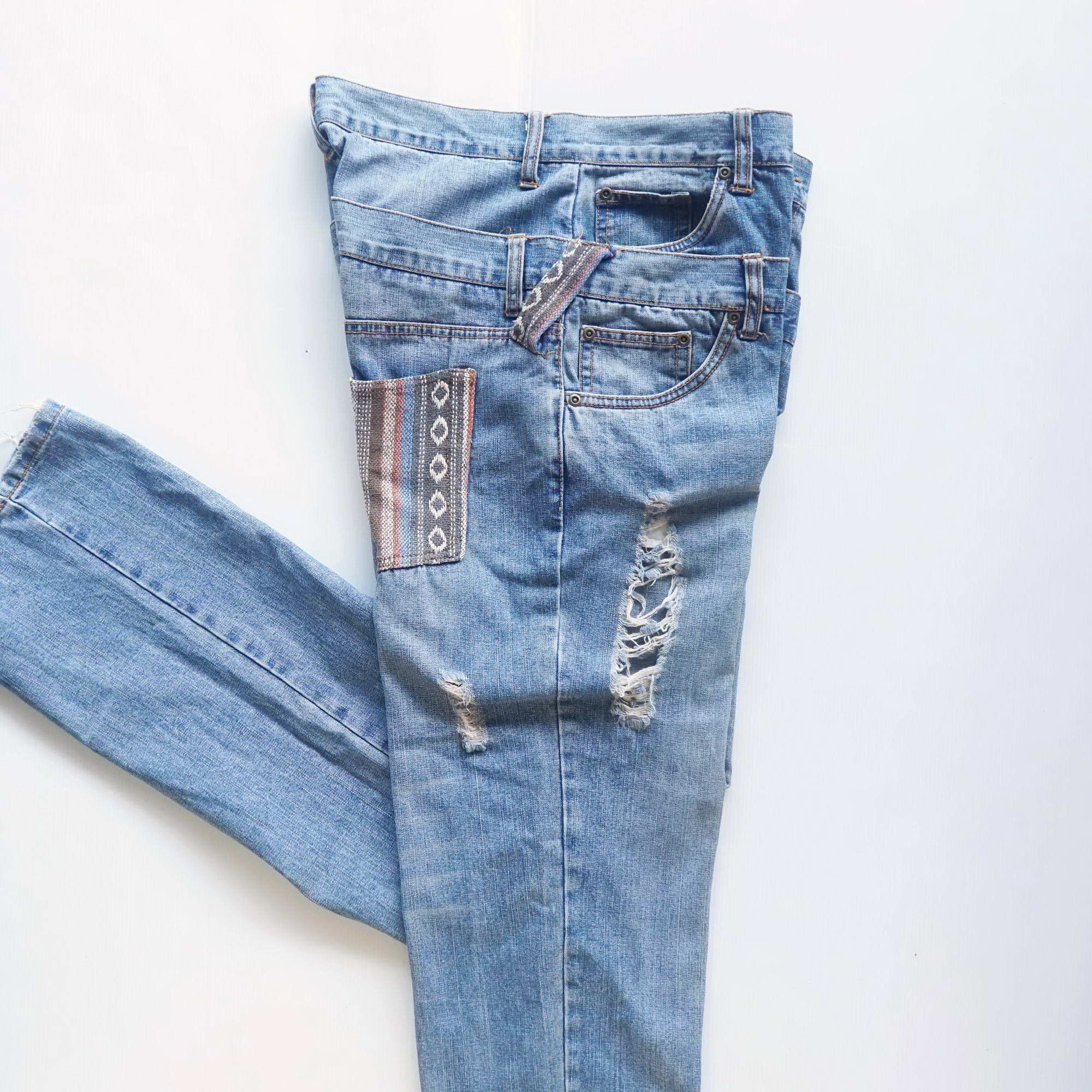 image of Double Waist Boho Tribal Ripped Jeans in Blue, Men's (Size 31)