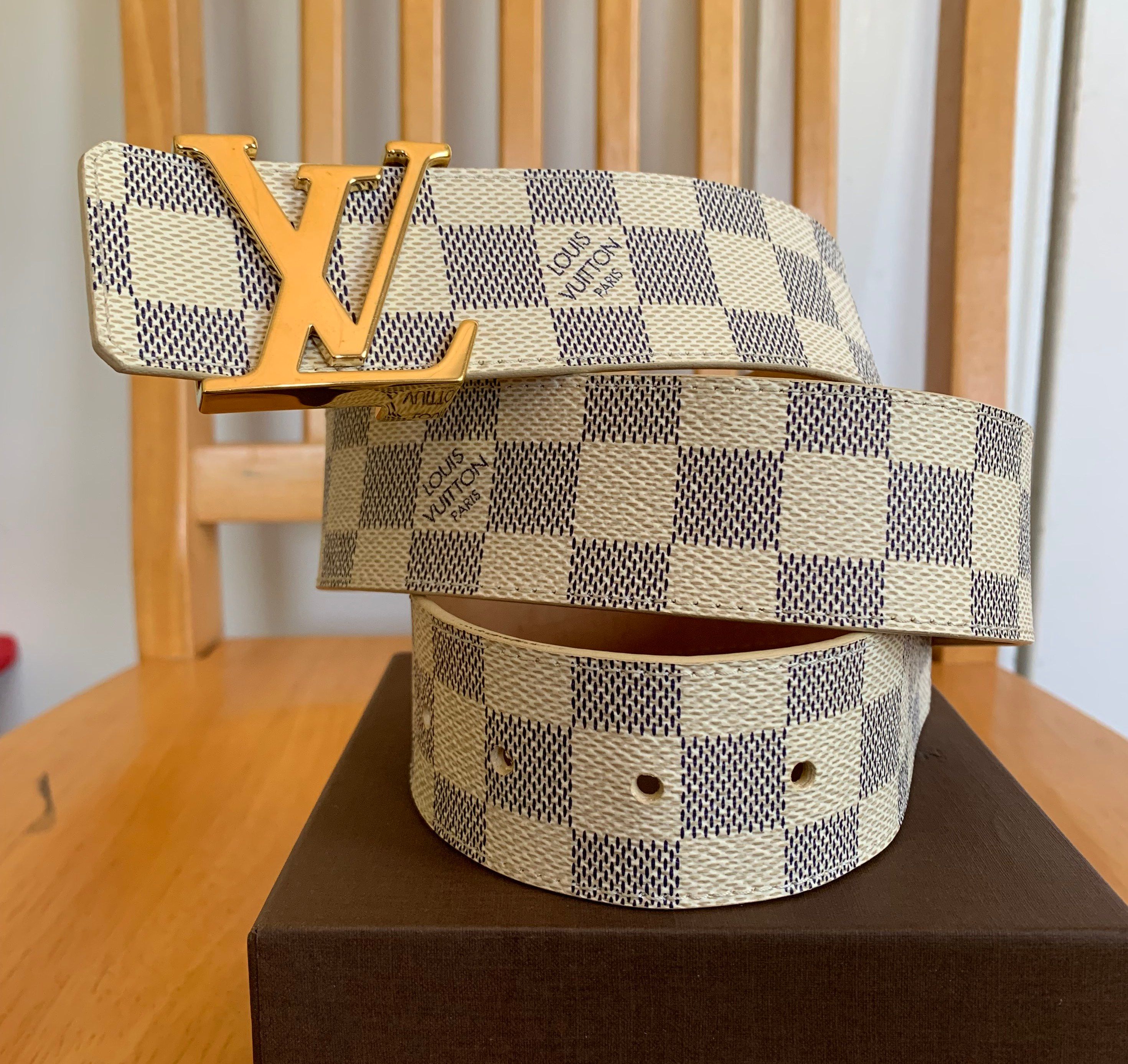 Pre-owned Louis Vuitton Damier Azur Canvas Lv Initiales Belt 90cm In Cream