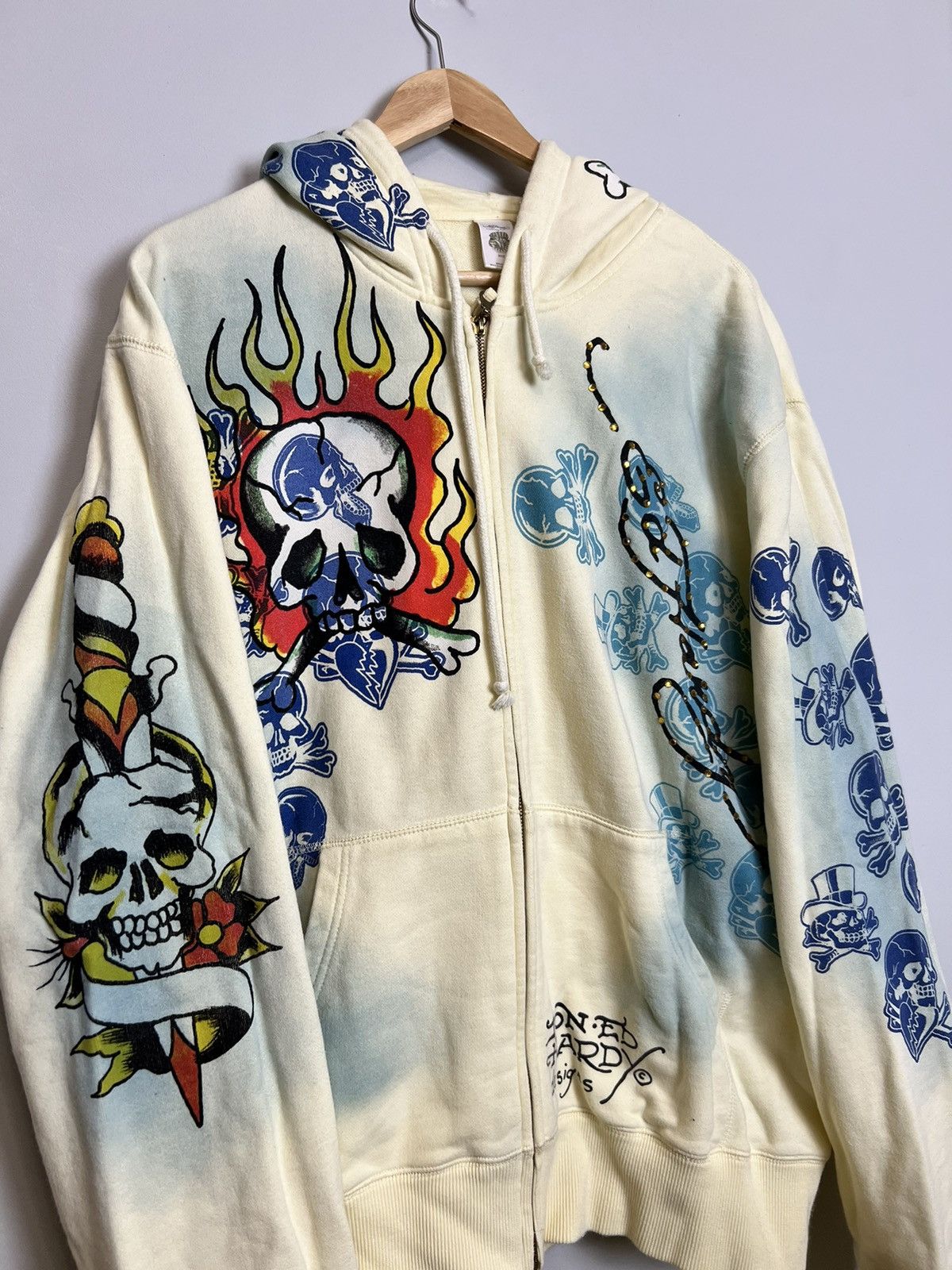 Rare Vintage Y2K Ed Hardy Flames Skeleton Hoodie Streetwear