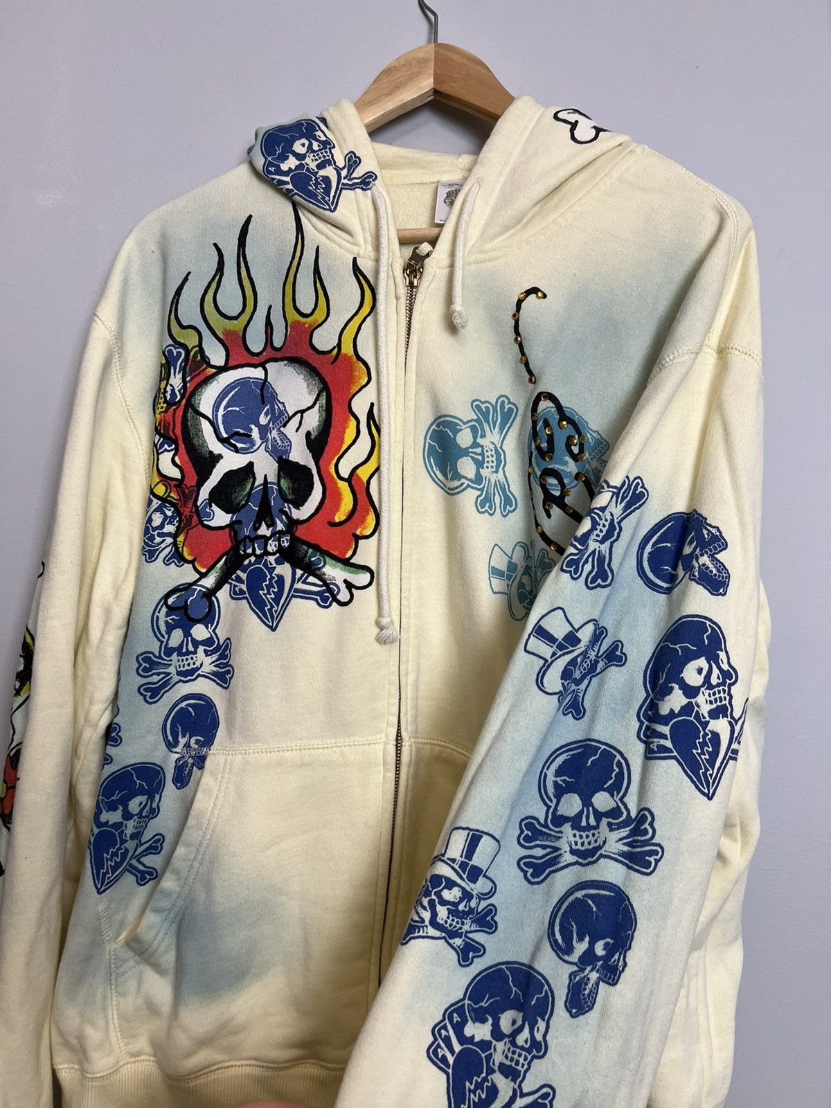 Rare Vintage Y2K Ed Hardy Flames Skeleton Hoodie Streetwear
