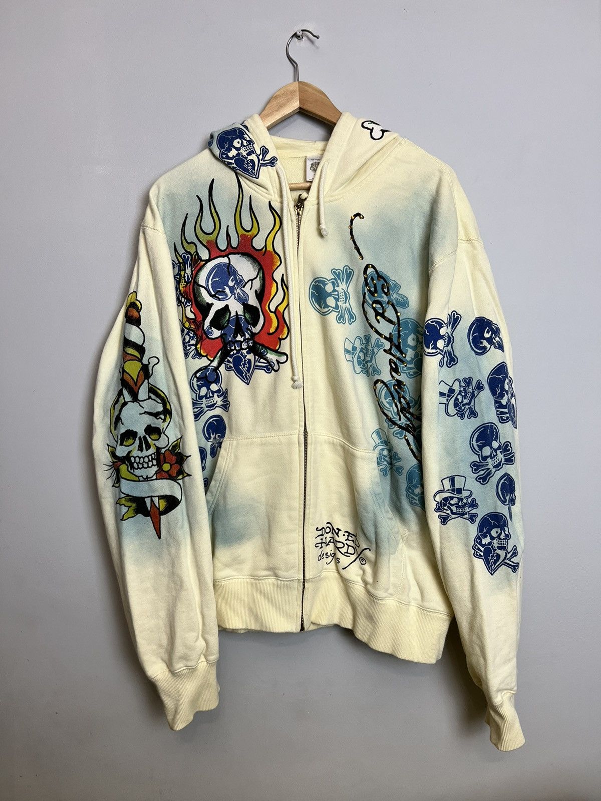 image of Christian Audigier x Ed Hardy Vintage Y2K Ed Hardy Flames Skeleton Hoodie Streetwear in Colours (Si