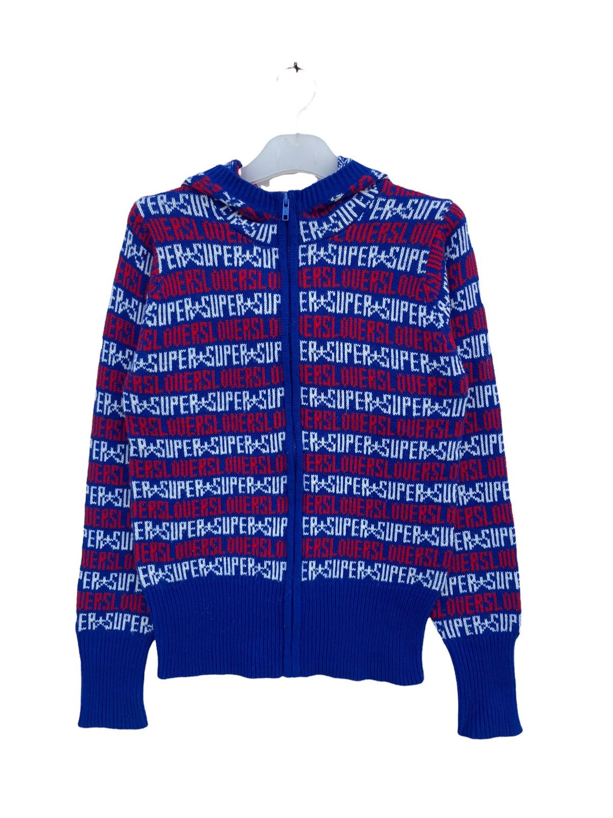 image of Designer Superlovers Knitted Spellout Hoodie in Blue, Men's (Size Medium)