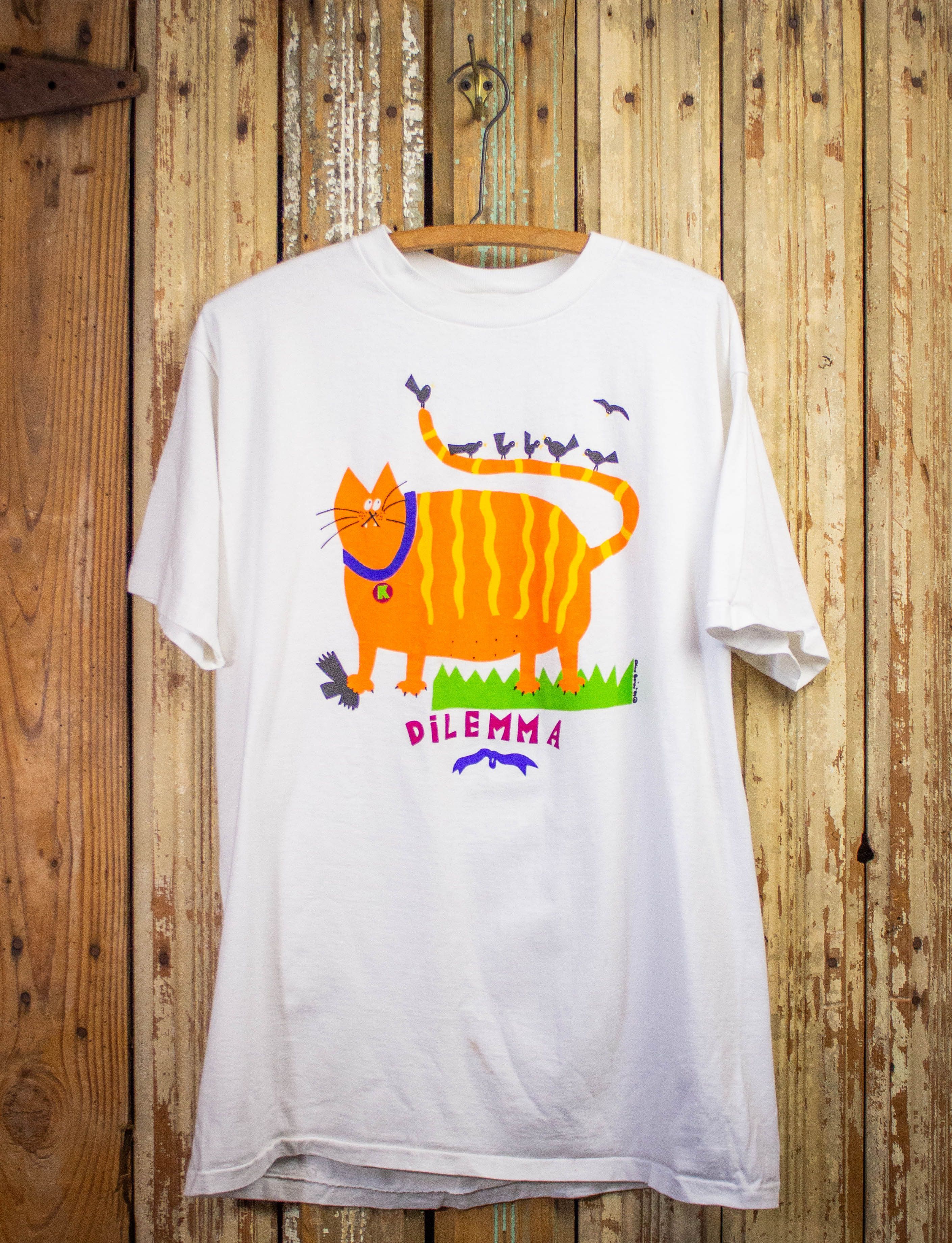 Vintage Dilemma Cat Graphic Art T Shirt 1989