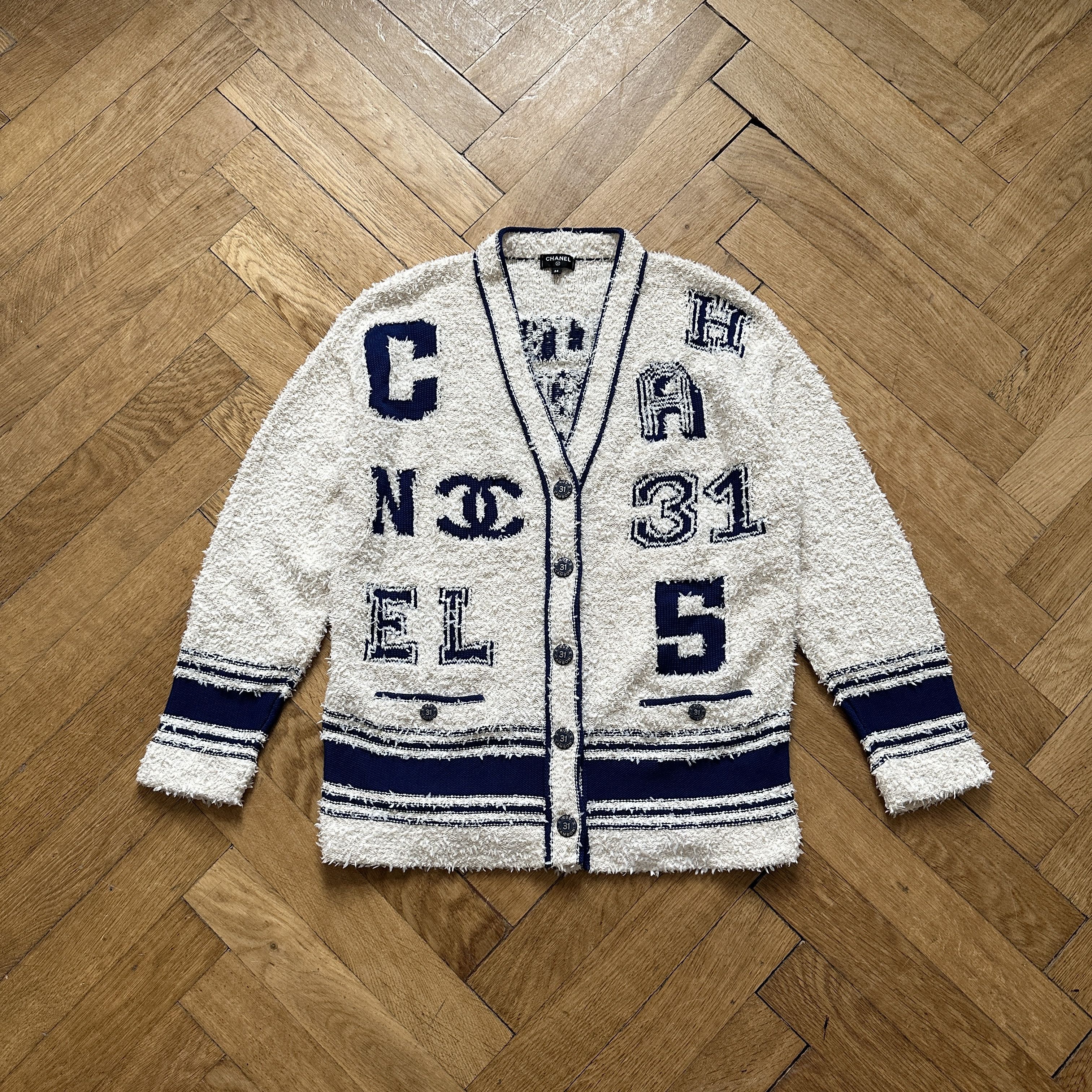 image of Chanel Ss19 Boucle Varsity Oversized Cardigan in White Blue, Women's (Size XS)