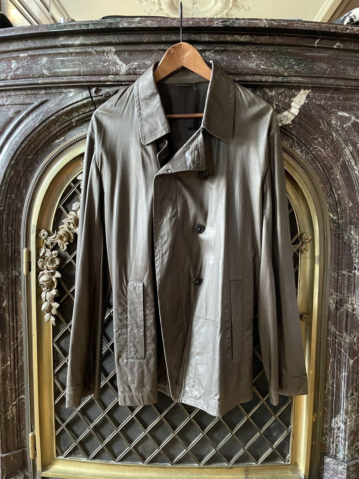 image of Ann Demeulemeester Brown Leather Coat Jacket, Men's (Size Large)