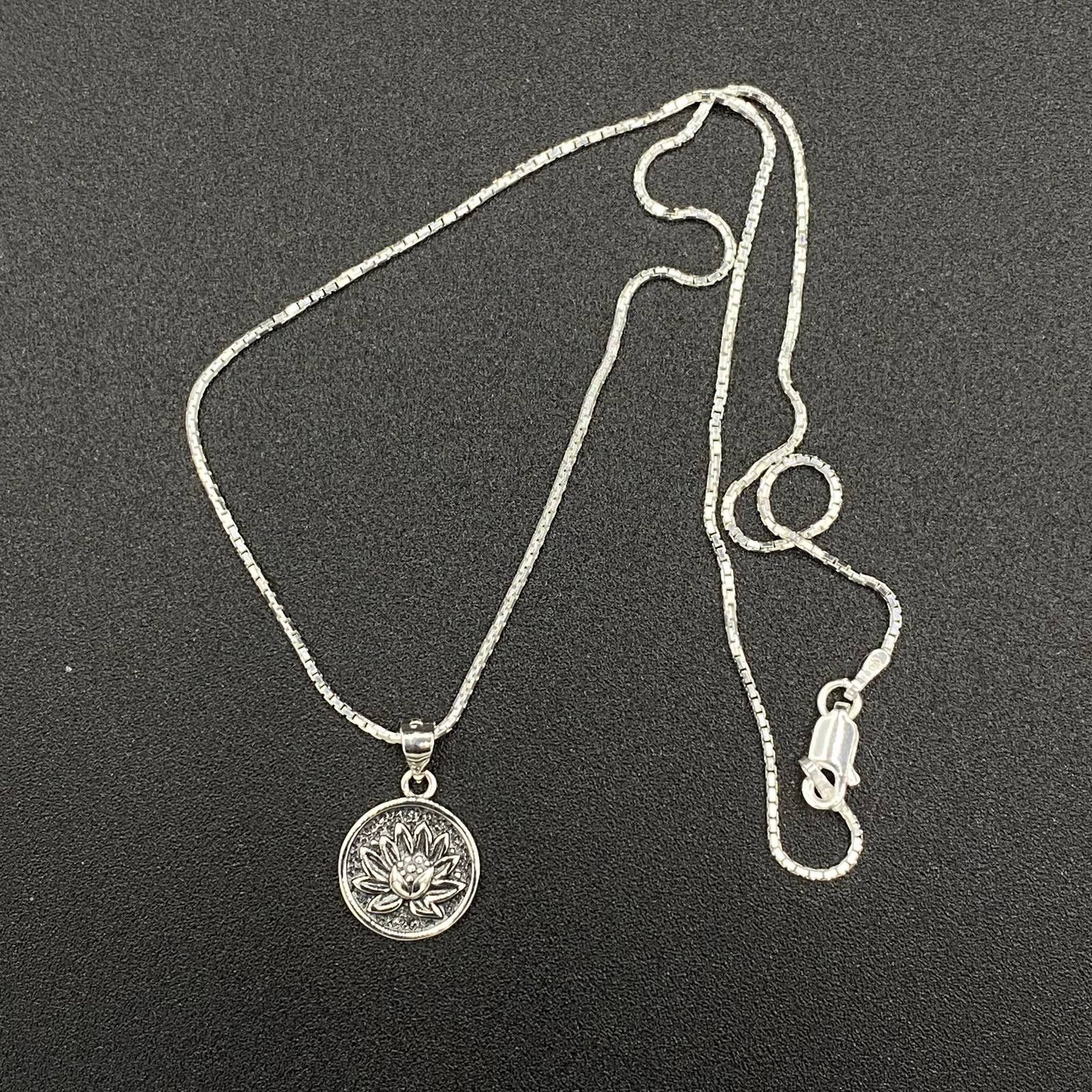 Lotus Flower Sterling Silver Disc Pendant Necklace