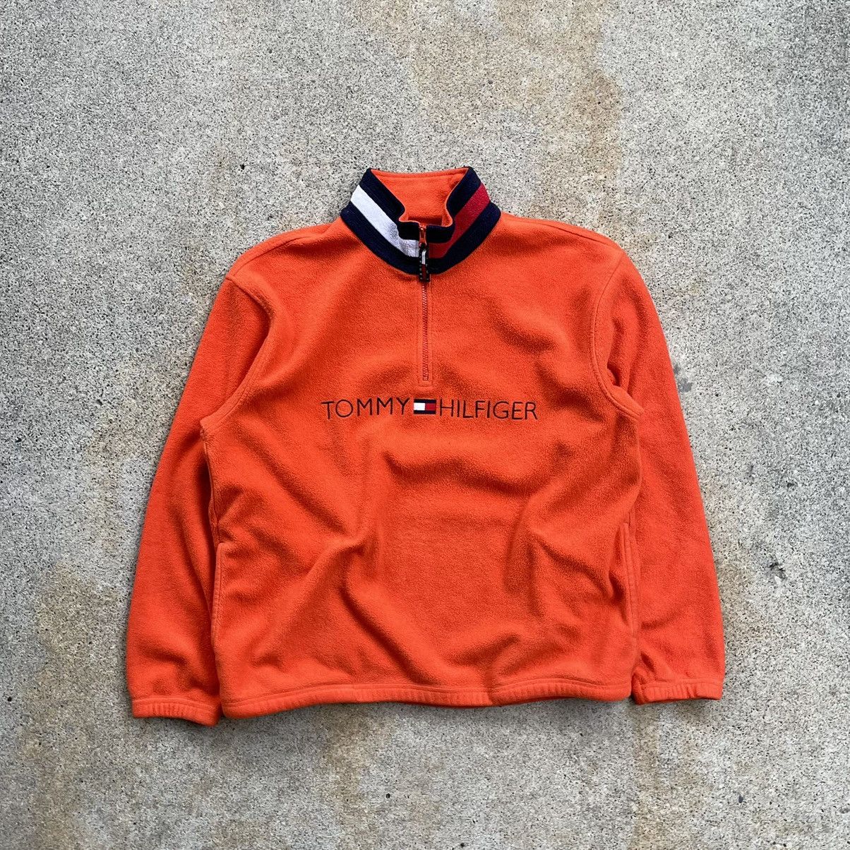 image of 90's Tommy Hilfiger Spellout Flag Quarter Zip Fleece in Orange, Men's (Size Large)