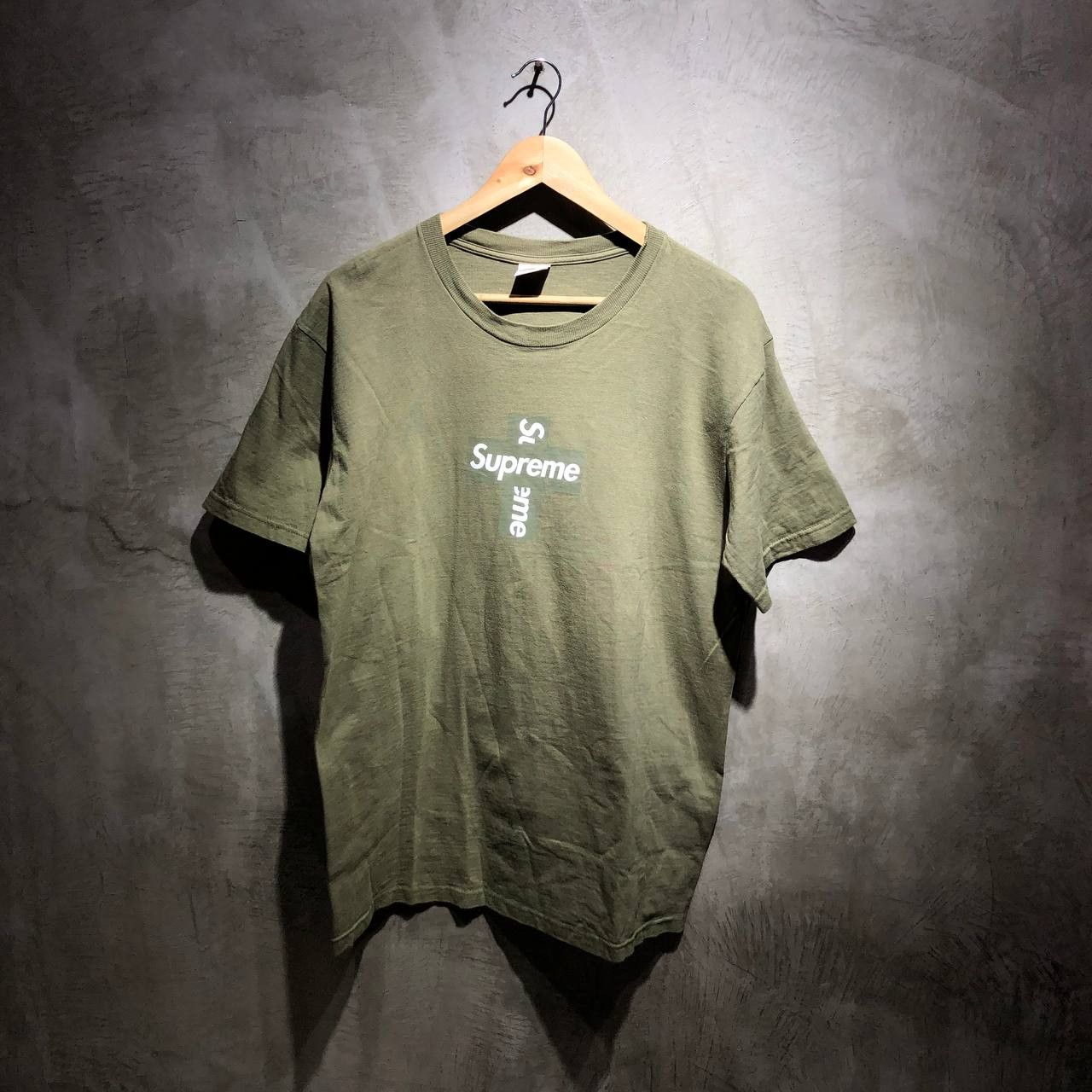 image of Supreme Cross Box Logo Tee in Olive, Men's (Size Medium)