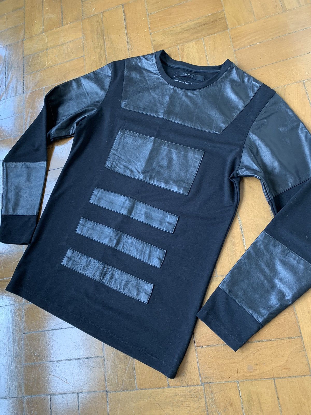 Pyer Moss $700 Black lamb leather panel cotton sweatshirt Made In USA Size US M / EU 48-50 / 2 - 2 Thumbnail