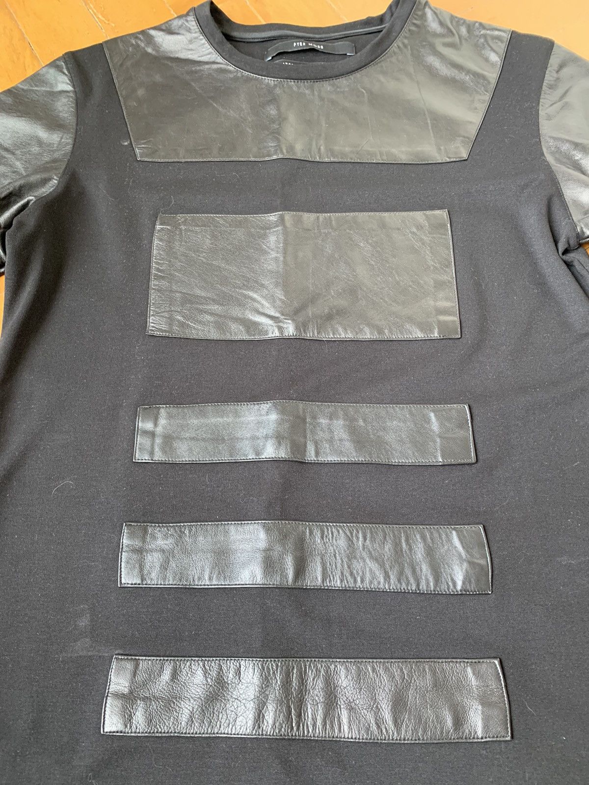 Pyer Moss $700 Black lamb leather panel cotton sweatshirt Made In USA Size US M / EU 48-50 / 2 - 3 Thumbnail