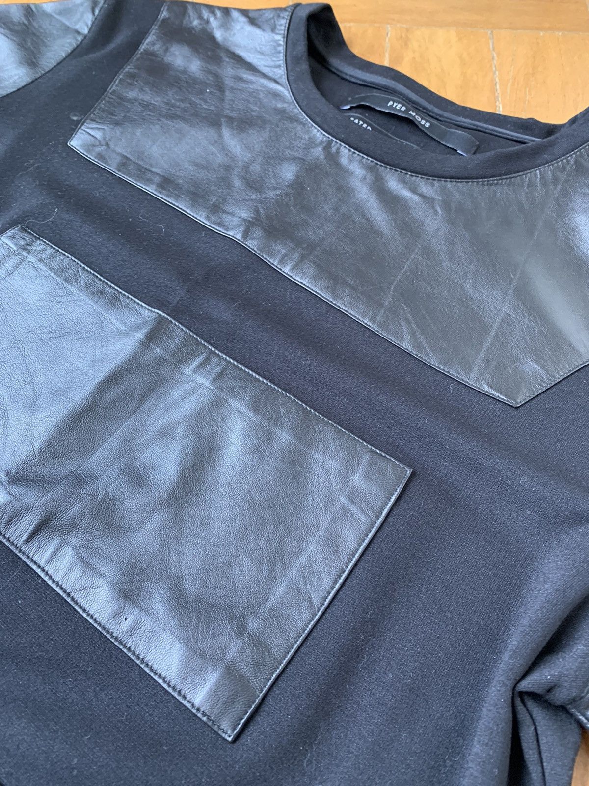 Pyer Moss $700 Black lamb leather panel cotton sweatshirt Made In USA Size US M / EU 48-50 / 2 - 7 Thumbnail