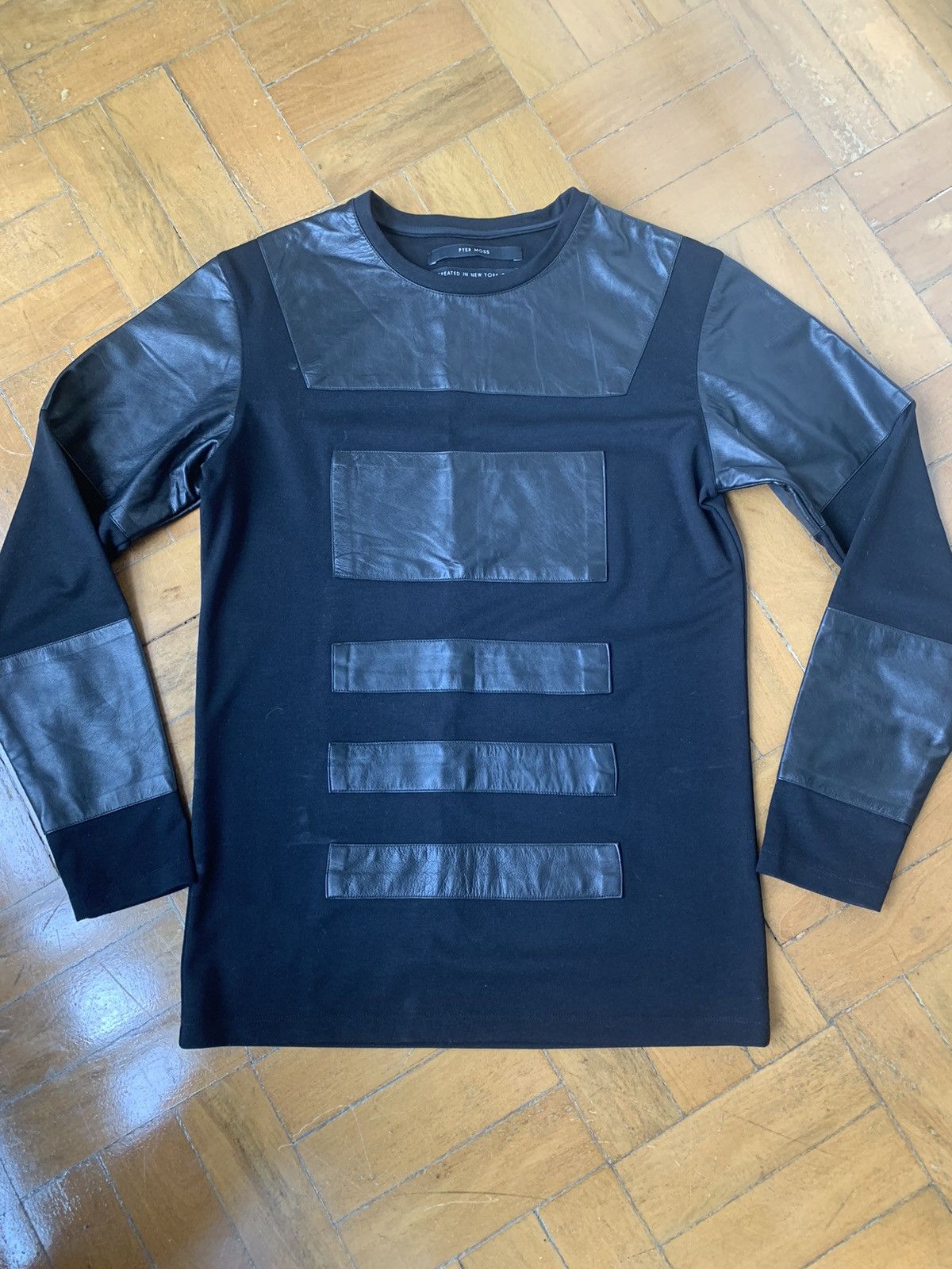 Pyer Moss $700 Black lamb leather panel cotton sweatshirt Made In USA Size US M / EU 48-50 / 2 - 1 Thumbnail