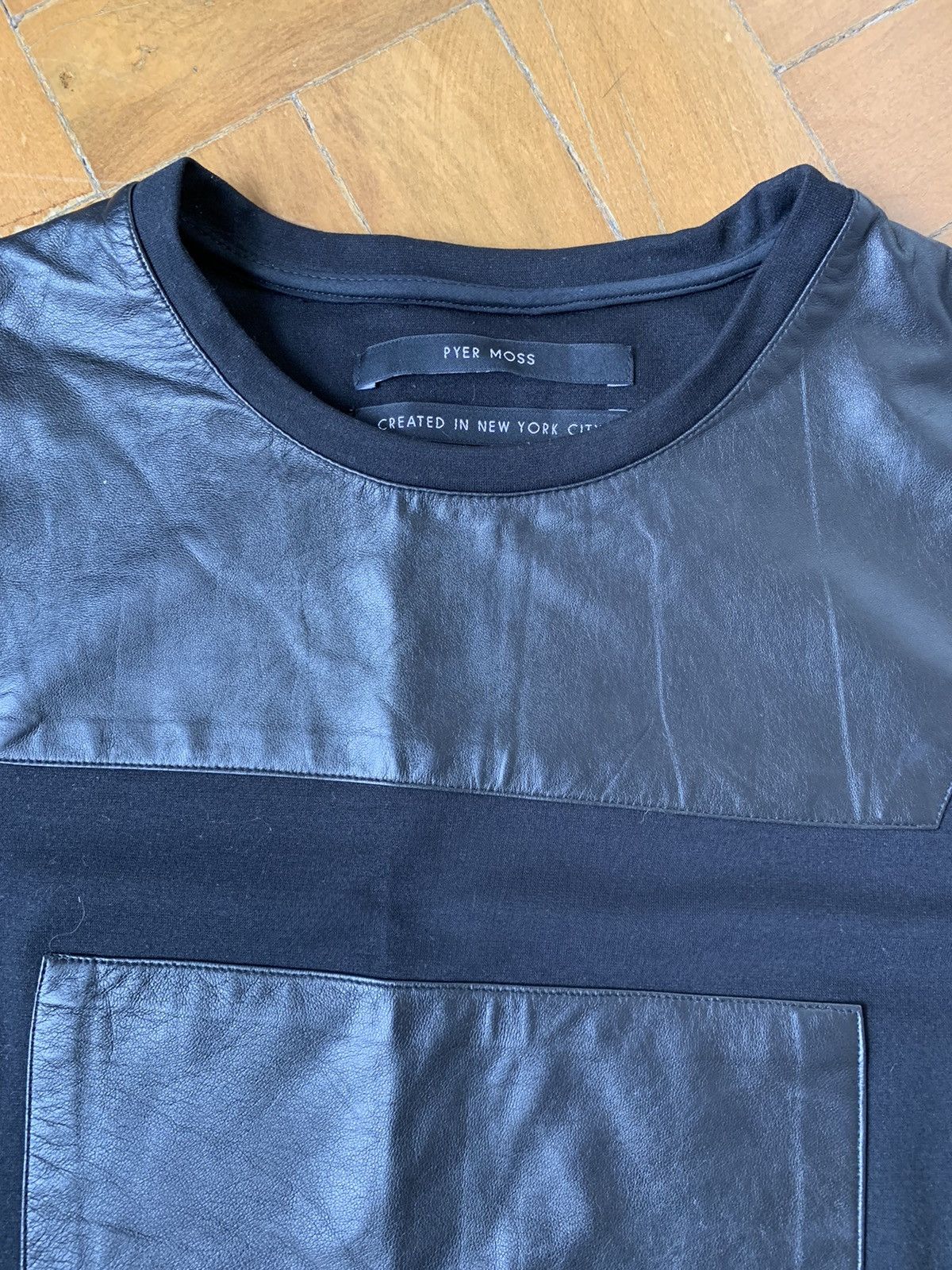 Pyer Moss $700 Black lamb leather panel cotton sweatshirt Made In USA Size US M / EU 48-50 / 2 - 5 Thumbnail