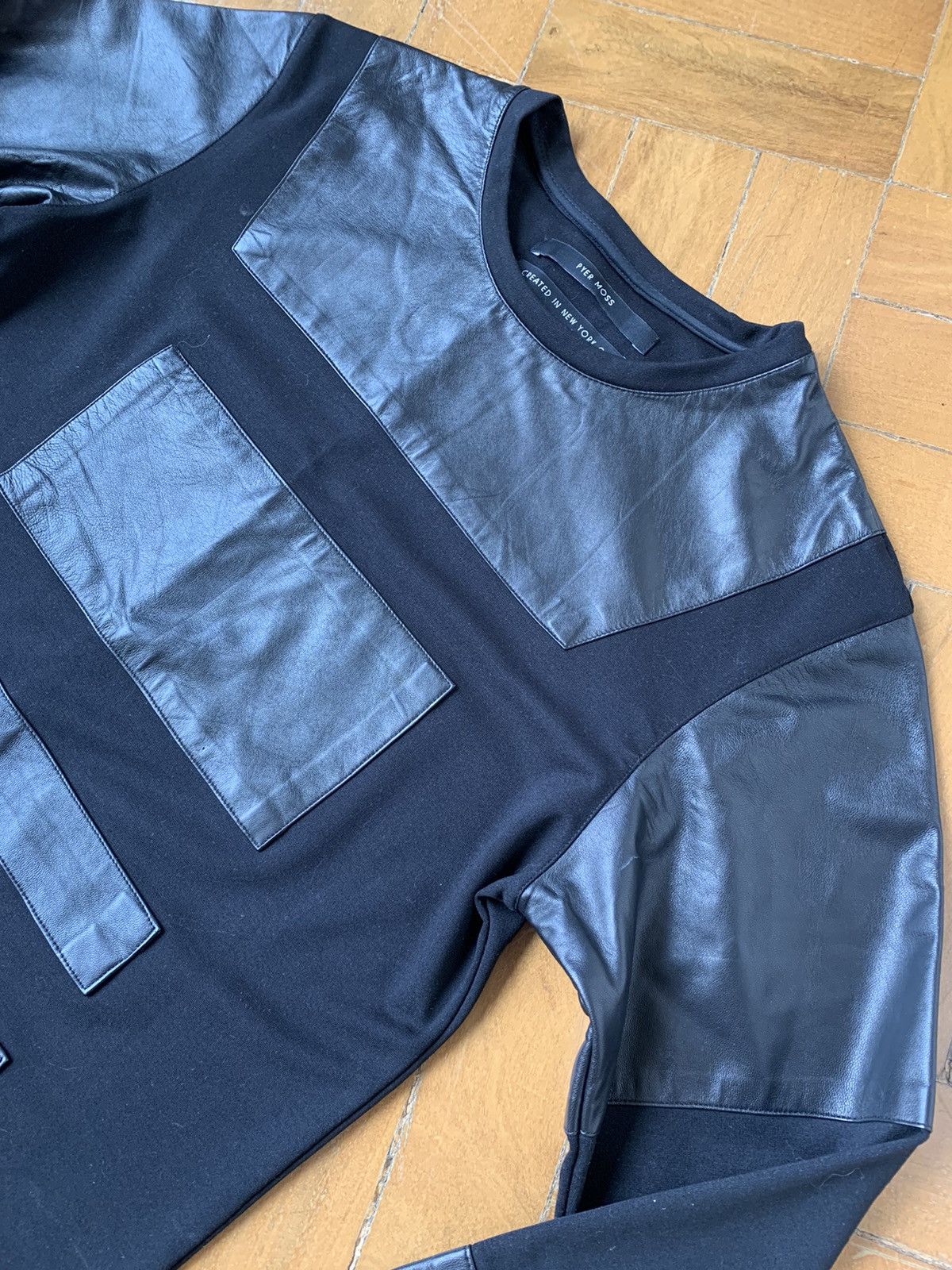 Pyer Moss $700 Black lamb leather panel cotton sweatshirt Made In USA Size US M / EU 48-50 / 2 - 4 Thumbnail