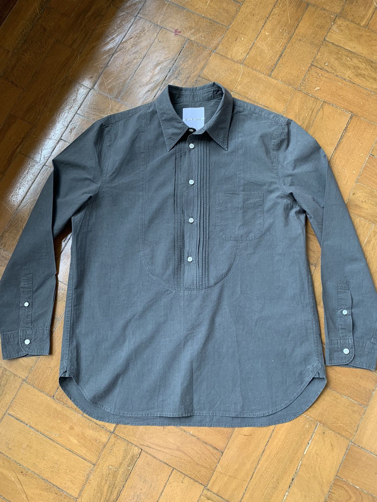 image of Still By Hand Japan Made Pleated Detail Half Button Down Shirt in Grey, Men's (Size Medium)