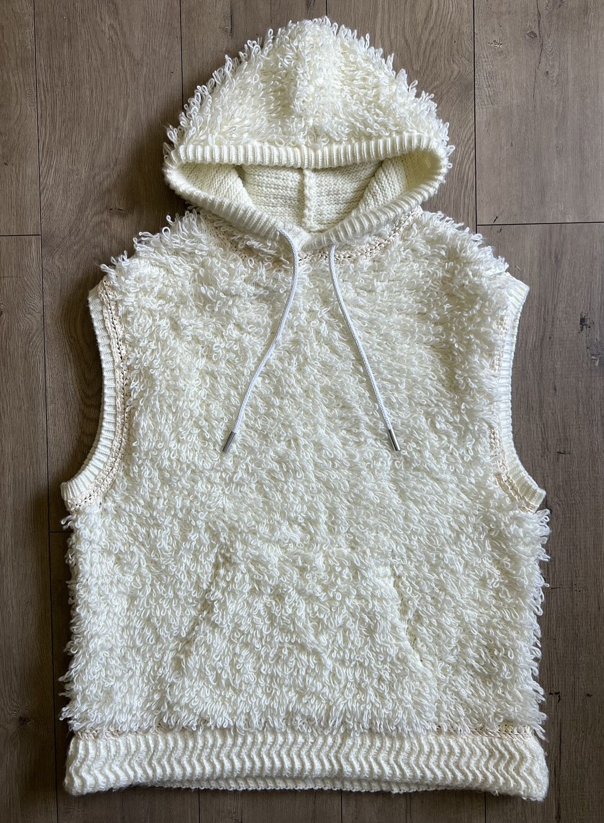image of Namesake Runway Cream Distressed Sleeveless Hoodie, Men's (Size XL)