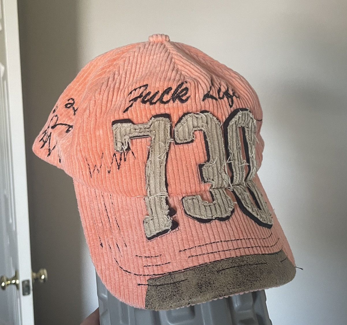 image of Sample 1/1 Austin’S Personal Asspizza 730 Fuck Life Hat in Peach Orange, Men's
