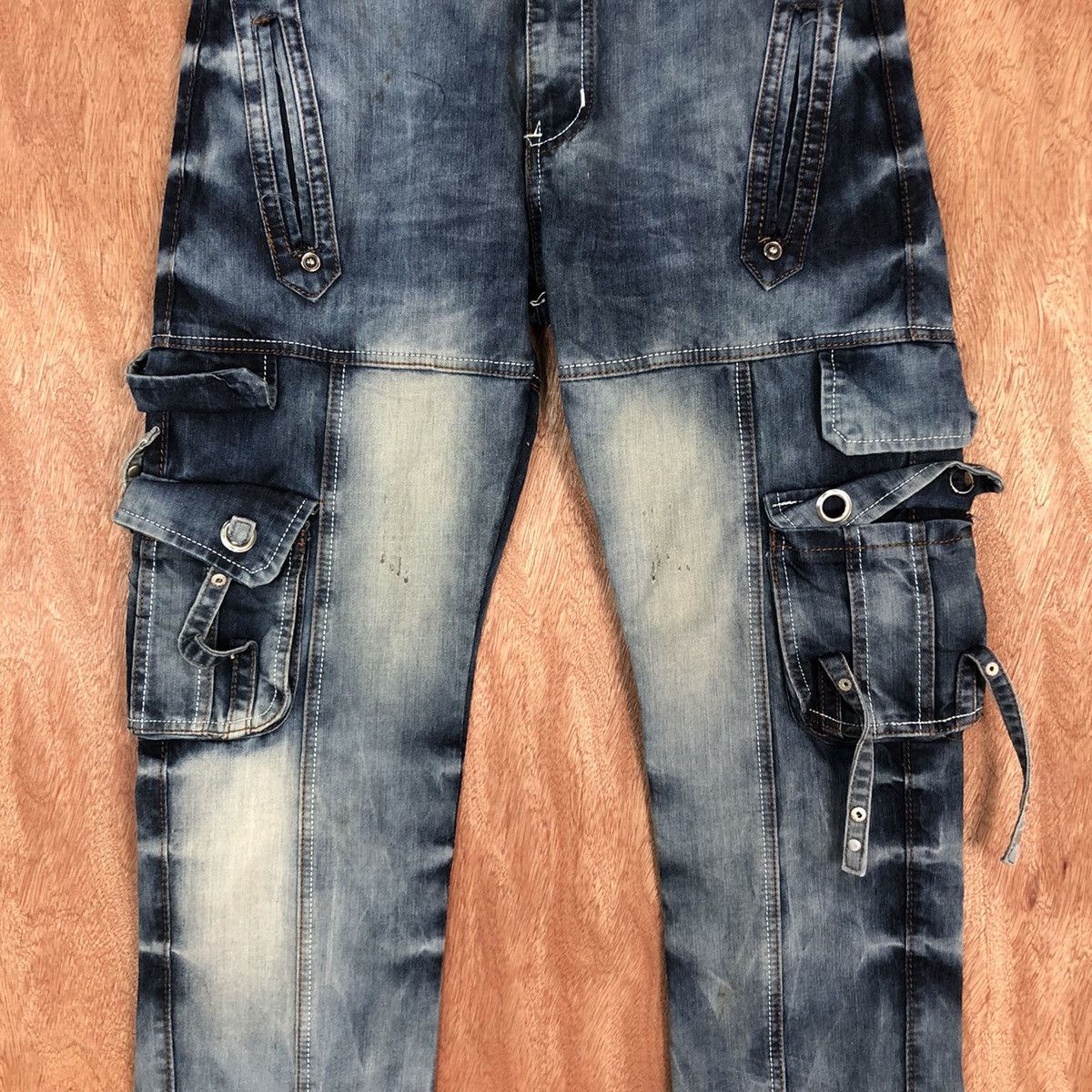 Japanese Brand Yi Bang Ren Blue faded Multipocket Cargo Denim #c737DL Size US 31 - 6 Thumbnail