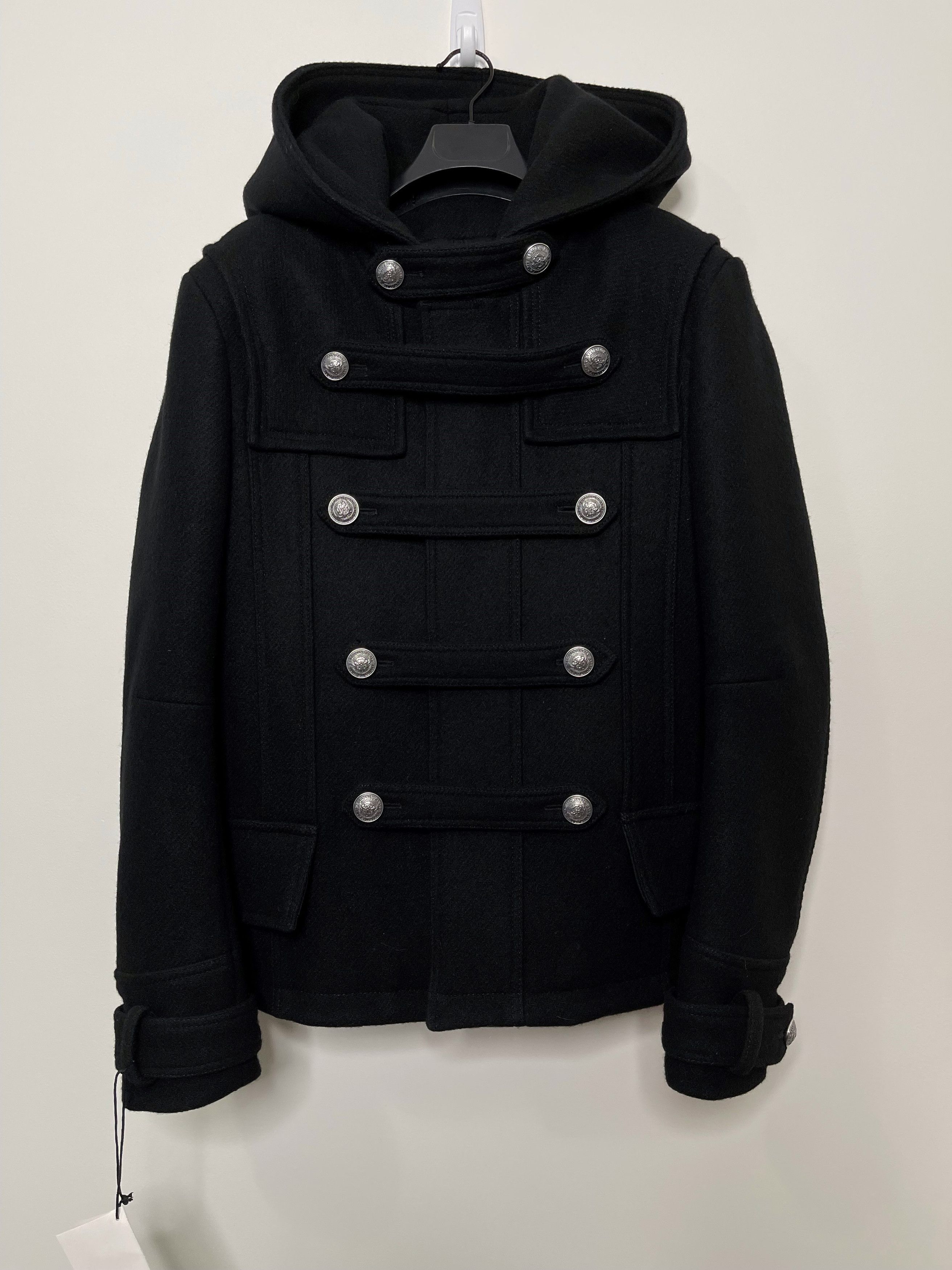 image of Balmain Eu46 Hooded Wool Blend Button Duffle Coat Fw18 $4500 in Black, Men's (Size Small)