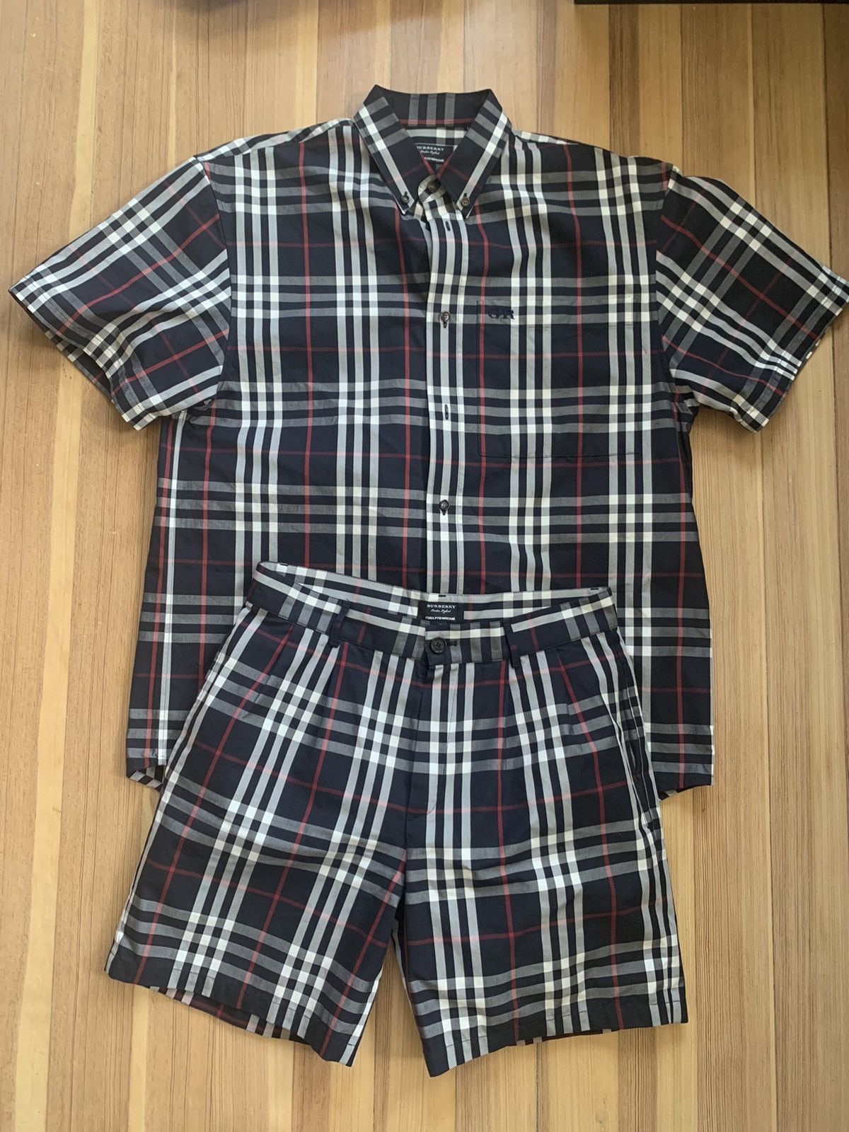 image of Burberry x Gosha Rubchinskiy Navy Nova Check Print Button Up And Shorts 30 in Blue (Size Small)