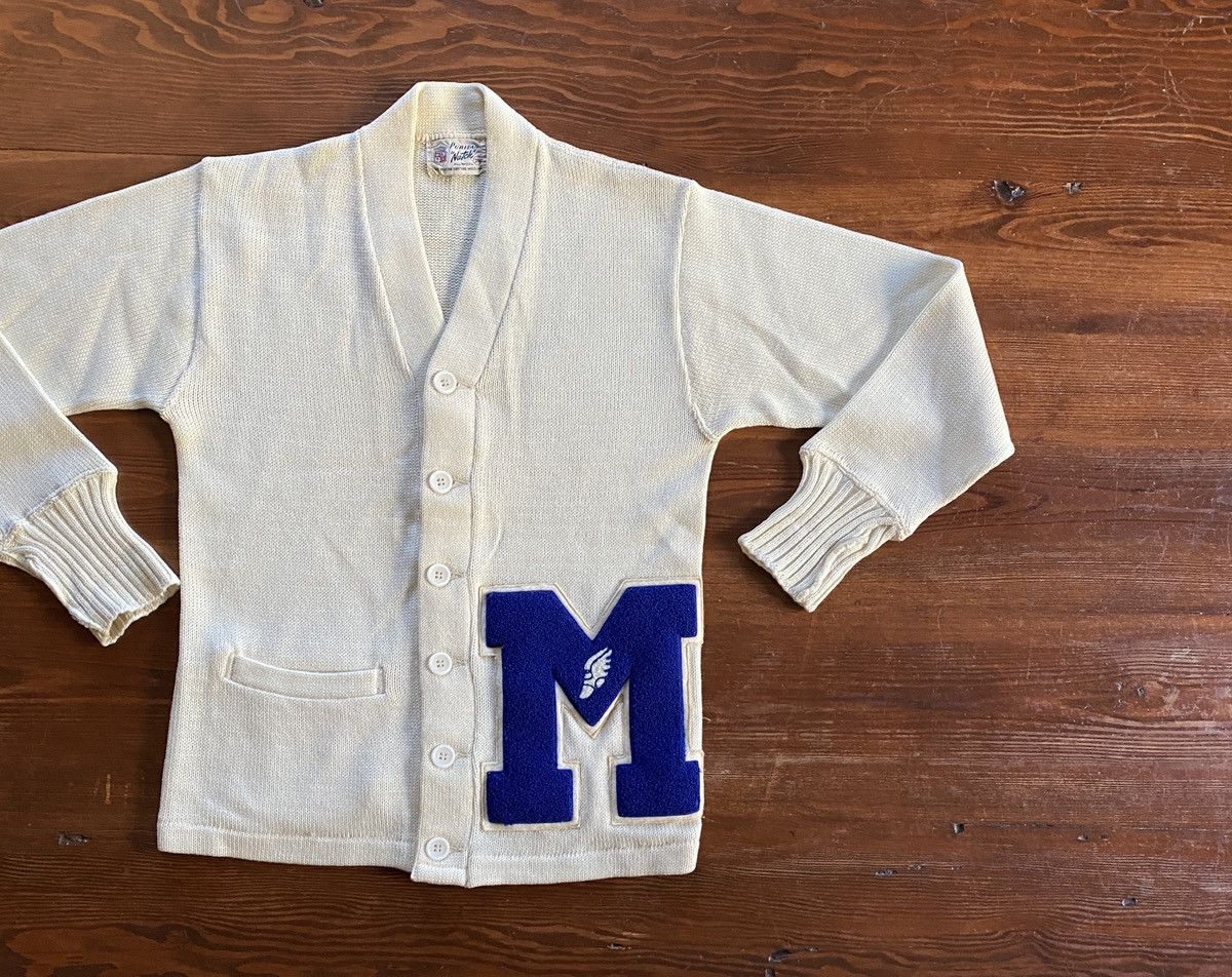 image of Vintage 40’S/50’S Puritan Letterman Wool Cardigan Sweater in Cream/Blue/White, Men's (Size Small)