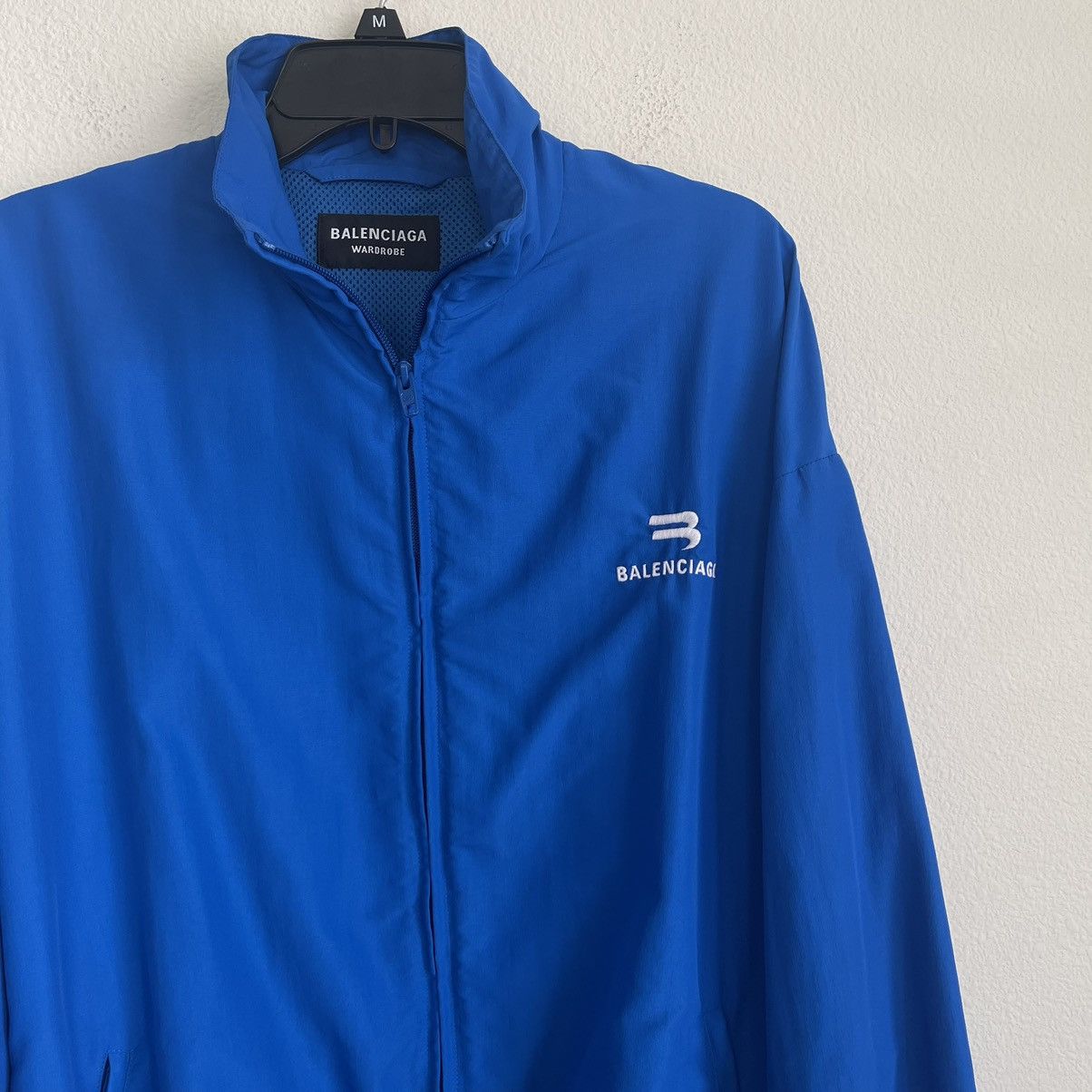 image of Balenciaga Logo Nylon Front Zip Track Jacket in Blue, Men's (Size XL)