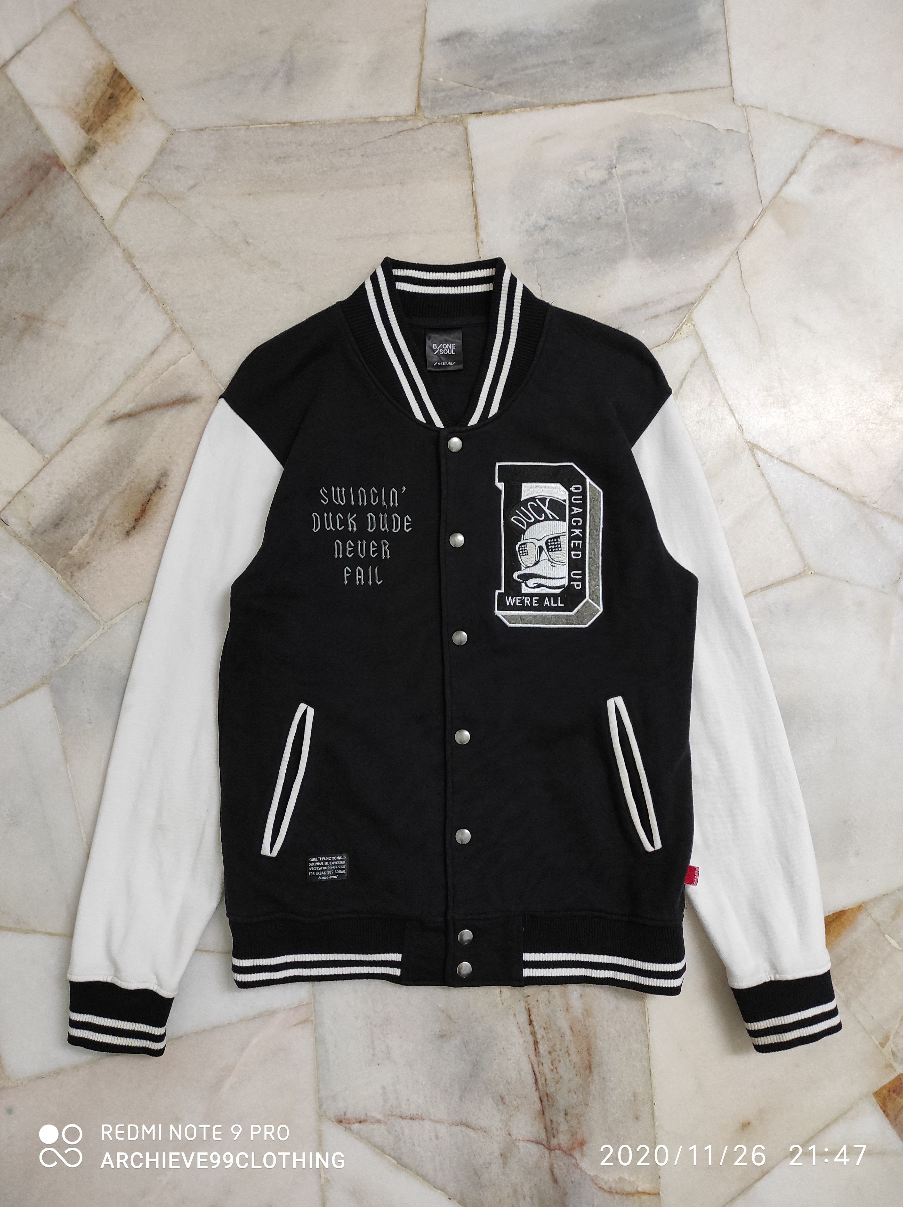 image of Swag x Varsity Jacket B-One-Soul Duck Dude Varsity Jacket in Black White, Men's (Size Medium)
