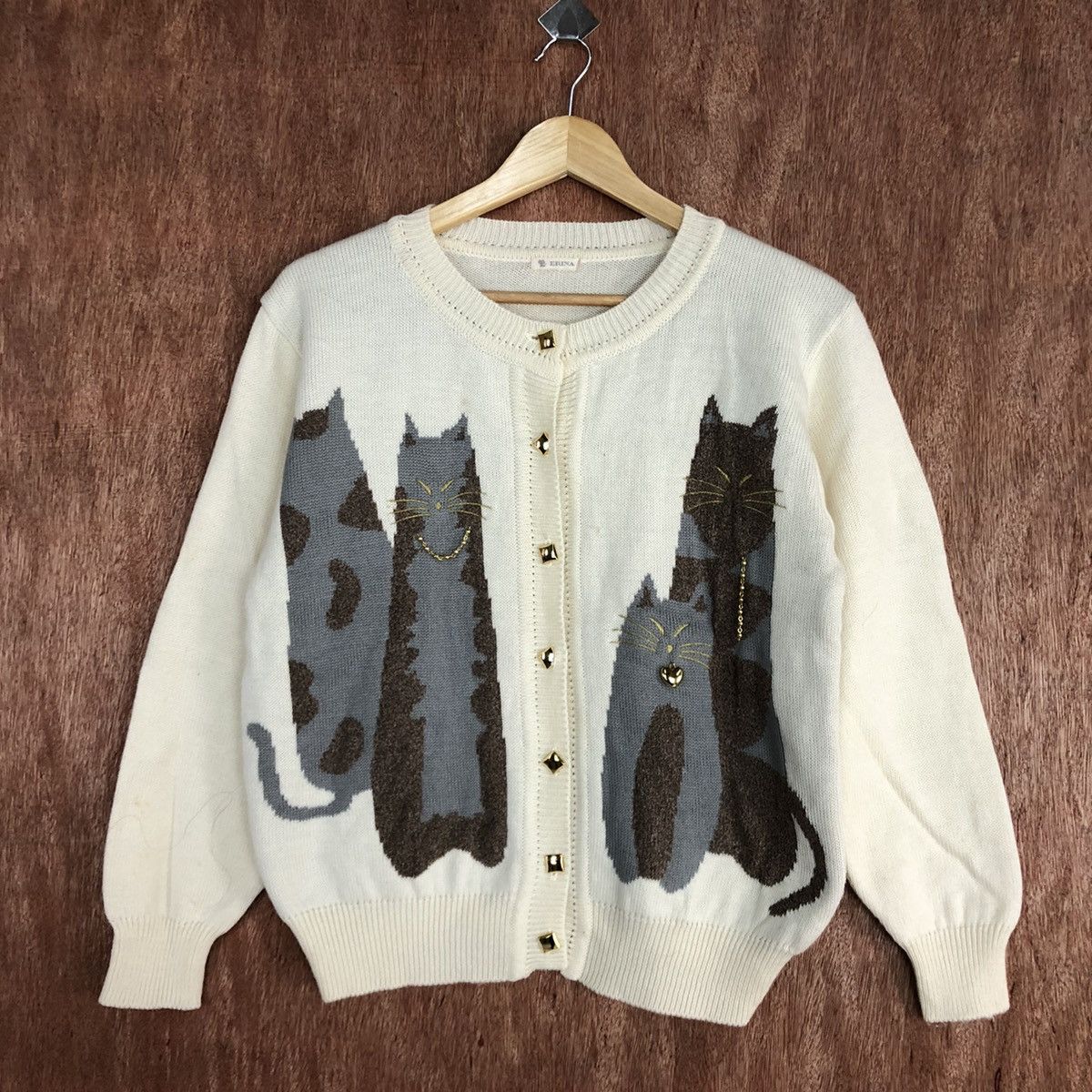 Vintage DL Erina Cream cat animal Aran Isles Knitwear #c727 Size M / US 6-8 / IT 42-44 - 3 Thumbnail