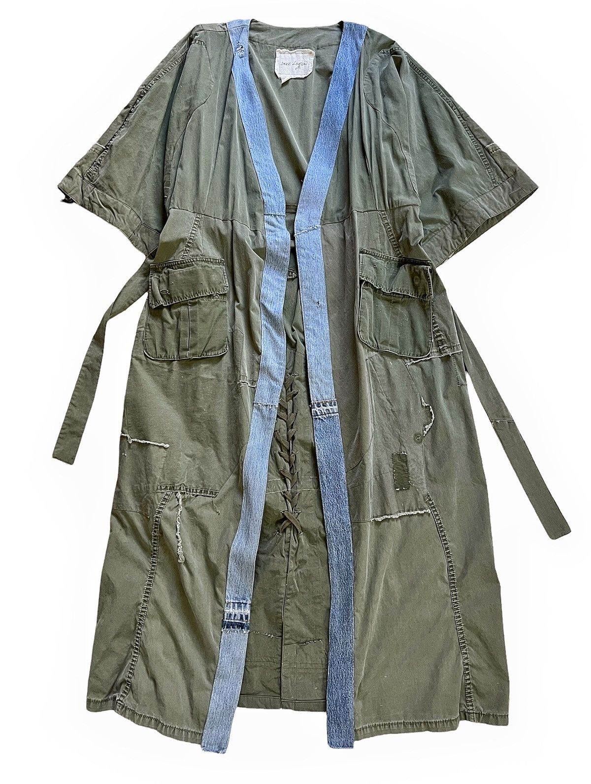 image of Greg Lauren Sz3 Army Scrap Kimono Robe in Green, Men's (Size Large)