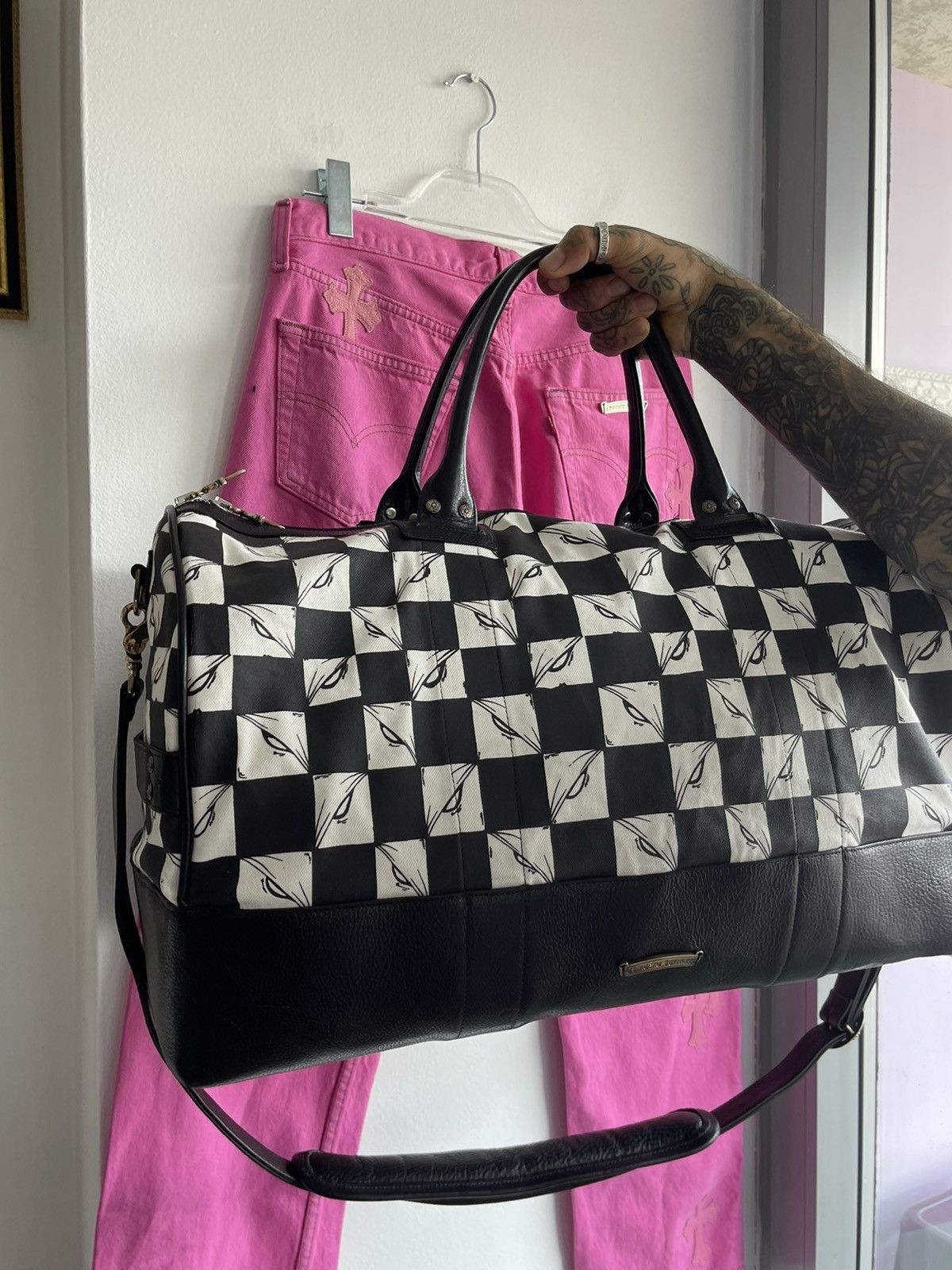 image of Chrome Hearts 1/1 Nyfw Large Duffle Matty Boy Luggage in Black White, Men's