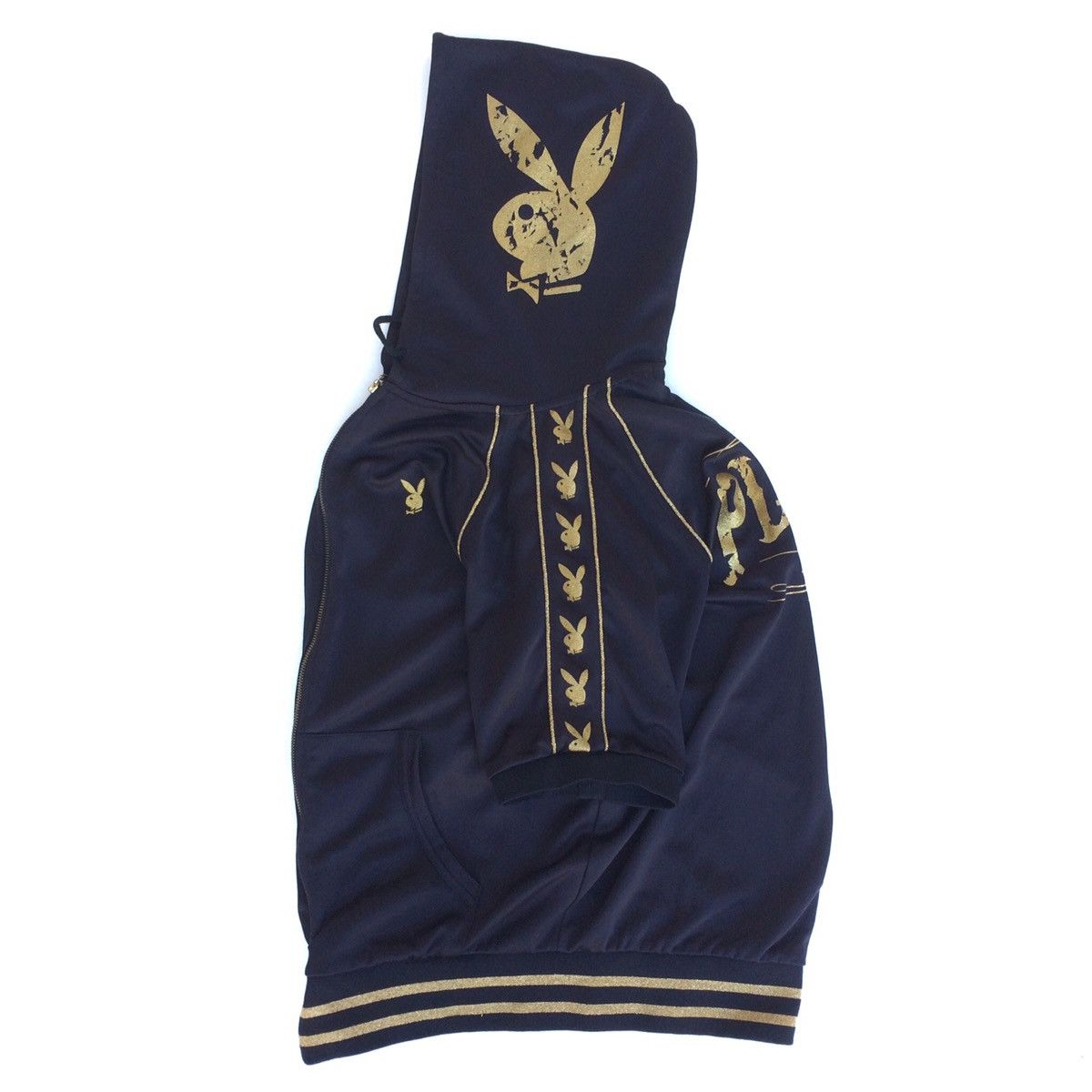 image of Vintage Playboy Gold Printed Jumper Hoodie Sidetape Logo in Black/Gold, Men's (Size Medium)