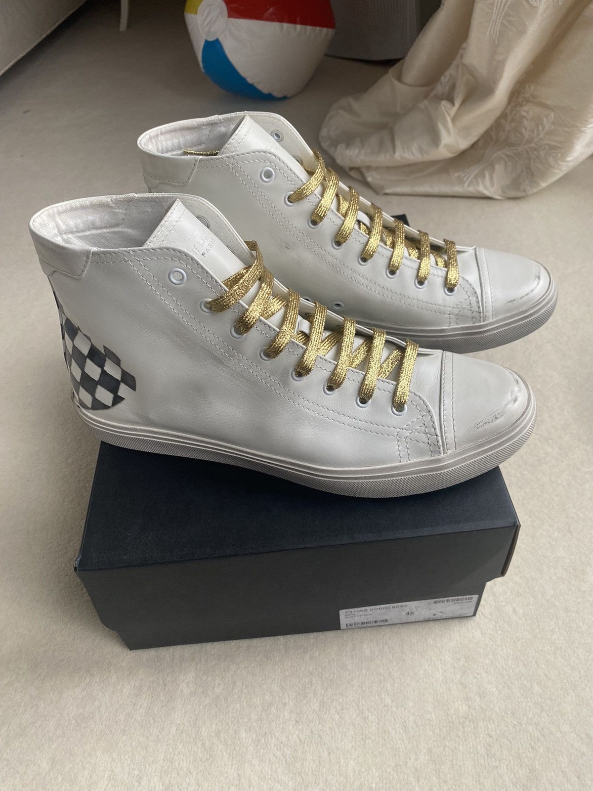 image of Saint Laurent Paris Saint Laurent Checker Checkered Hi Top Sneakers Bnib $725 in White (Size 12)