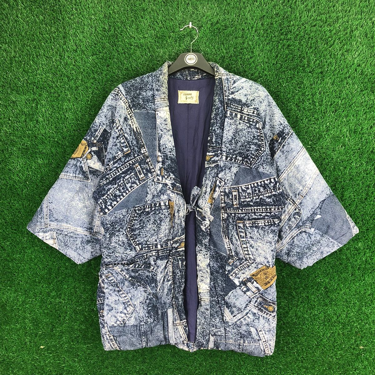 image of Vintage Kimono Cardigan Fullprint Denim Patchwork By Kuwano in Blue Denim Printed (Size Large)