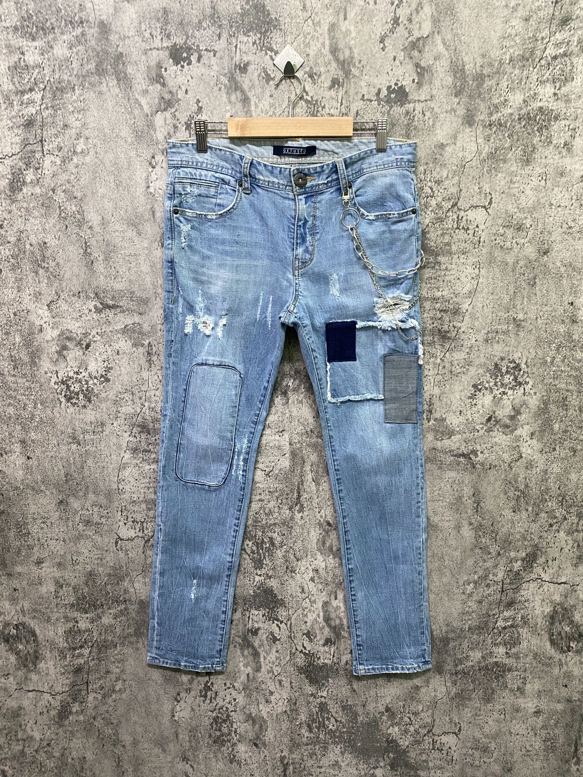 image of Distressed Denim Get Used Distressed Patchwork Skinny Kapital Style Denim in Blue, Men's (Size 32)