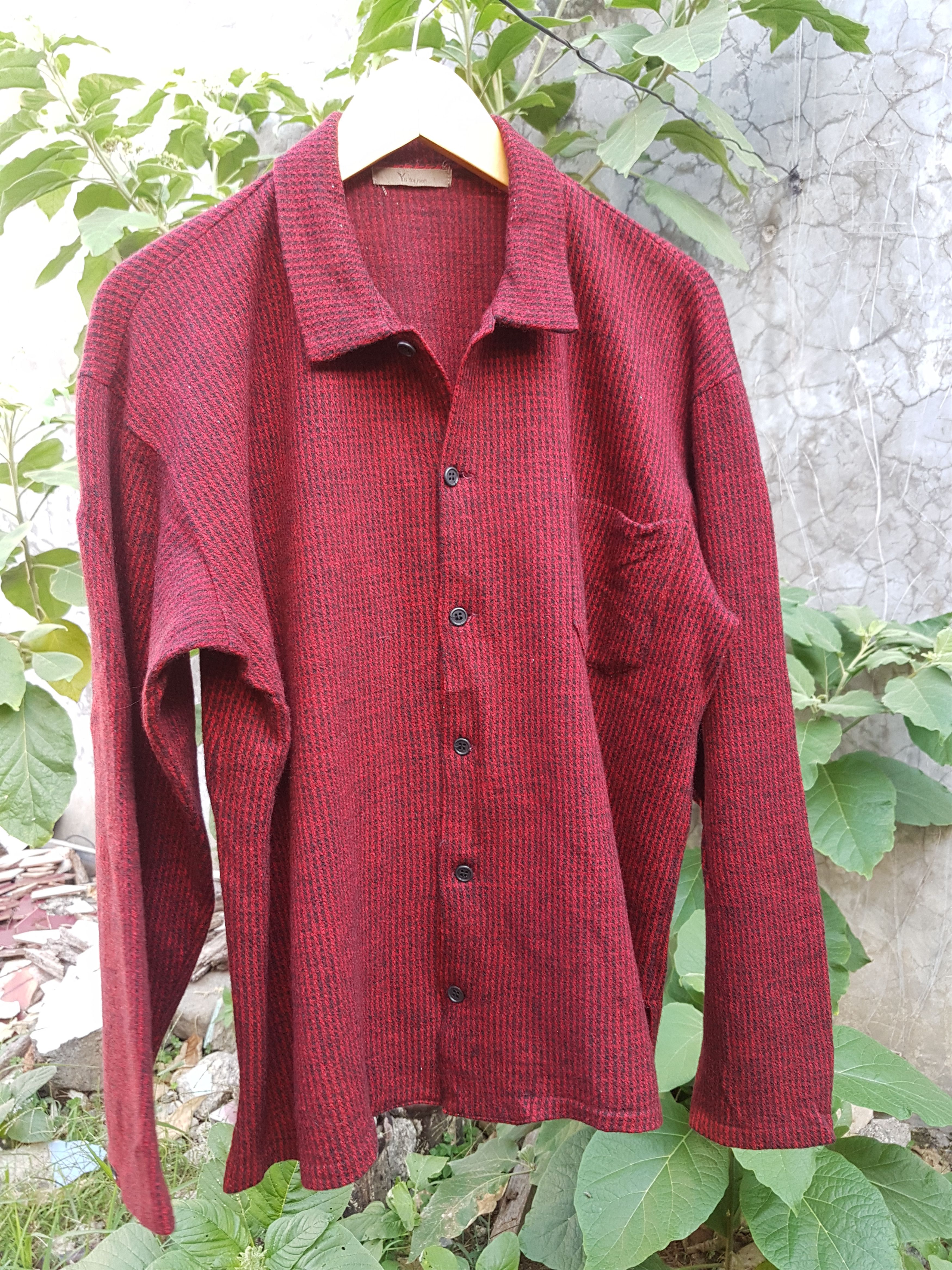 image of Fit S To M,Yohji Yamamoto Houndstooth Wool Shirt in Black Red, Men's (Size Medium)