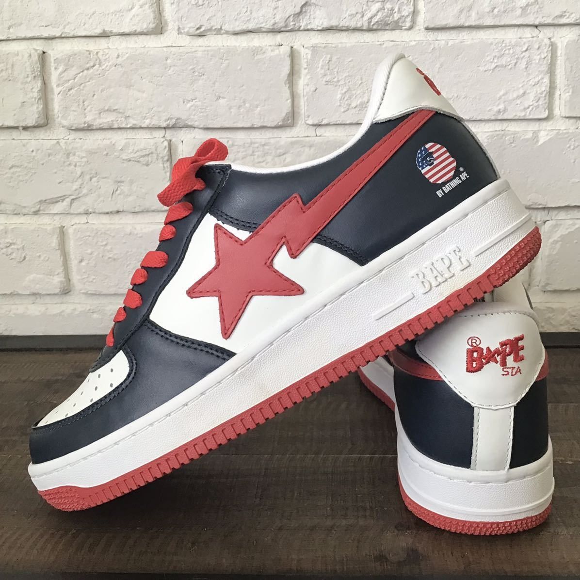 image of Leather Bapesta Sneakers Navy A Bathing Ape Bape Sta Shoes in Navy/Red/White, Men's (Size 10)