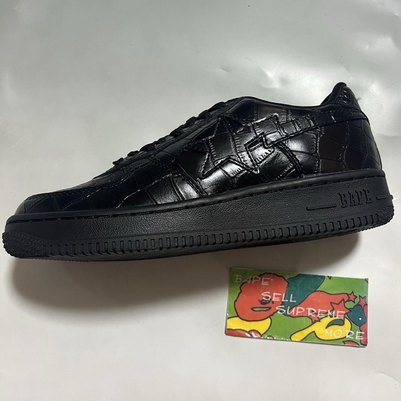 image of 2009 Bape Sta Crocodile Emboss Black Leather Shoes, Men's (Size 8.5)