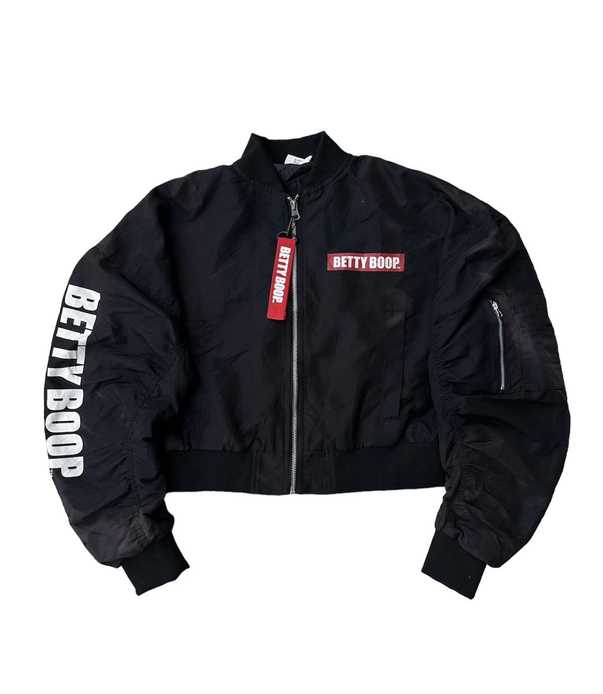image of Sunfaded Betty Boop X Denifits Crop Bomber Jacket in Black, Women's (Size Medium)
