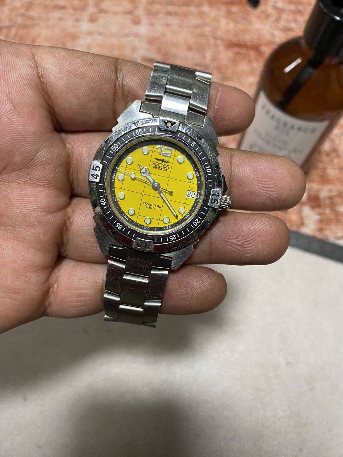 image of Vintage x Watches Sector 203 Diver 100M Yellow Dial in Silver, Men's