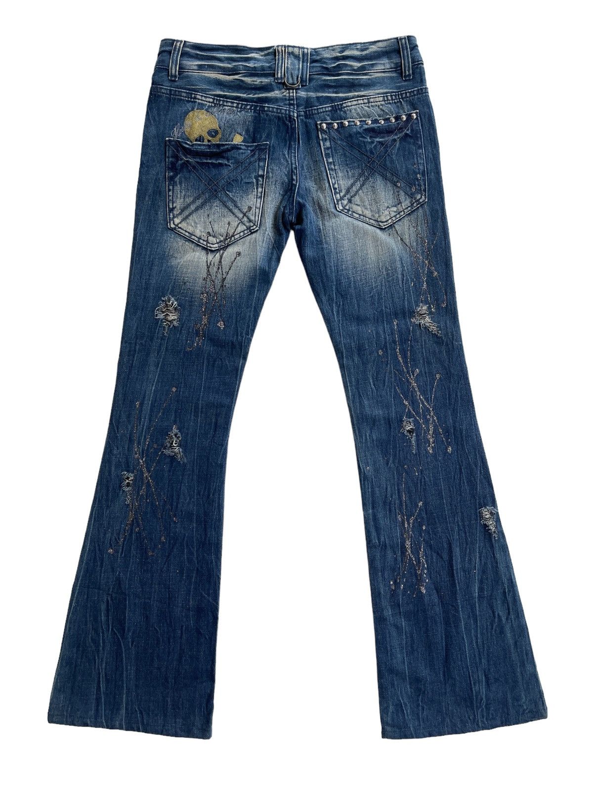 Japanese Brand Glad News LGB Punk Paint Splatted Studded Flare Denim Size US 31 - 2 Thumbnail