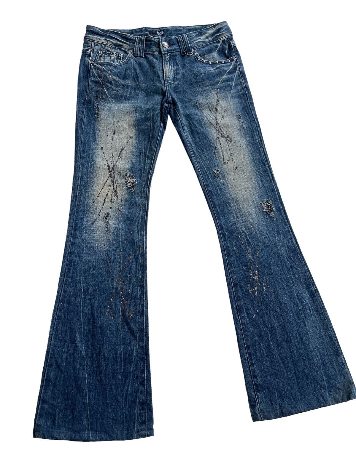 Japanese Brand Glad News LGB Punk Paint Splatted Studded Flare Denim Size US 31 - 3 Thumbnail