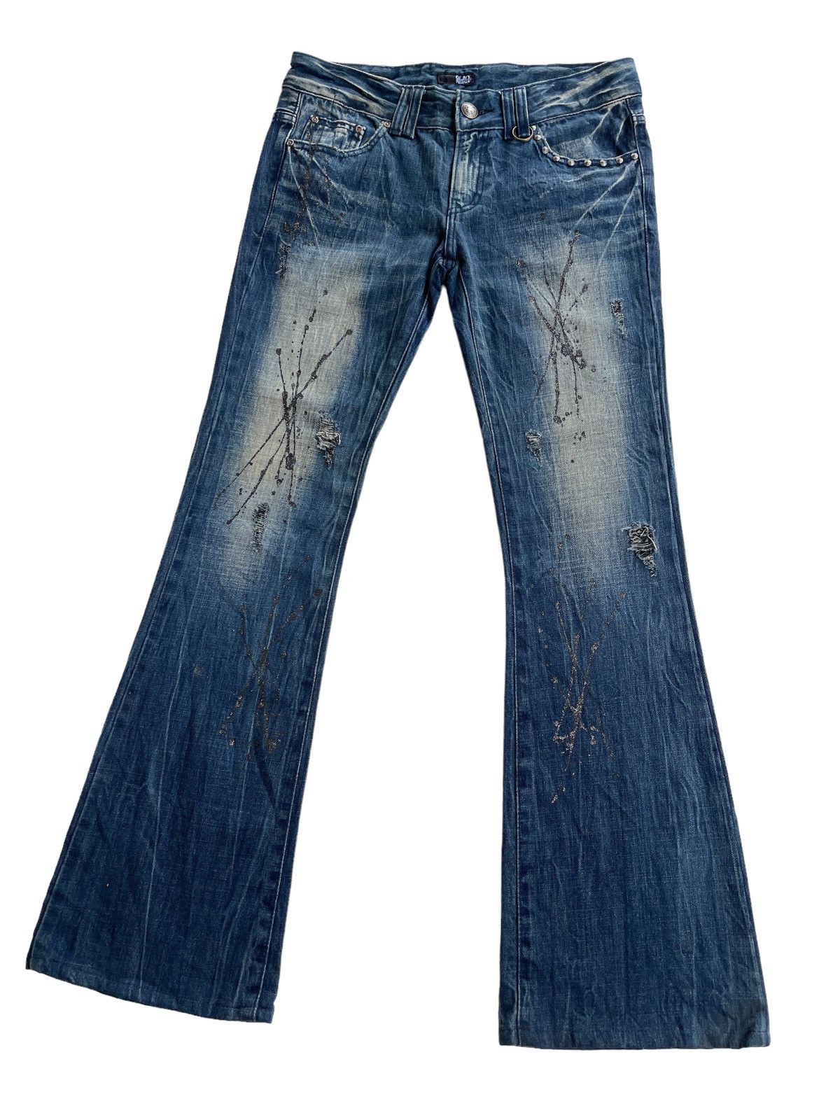 Japanese Brand Glad News LGB Punk Paint Splatted Studded Flare Denim Size US 31 - 4 Thumbnail