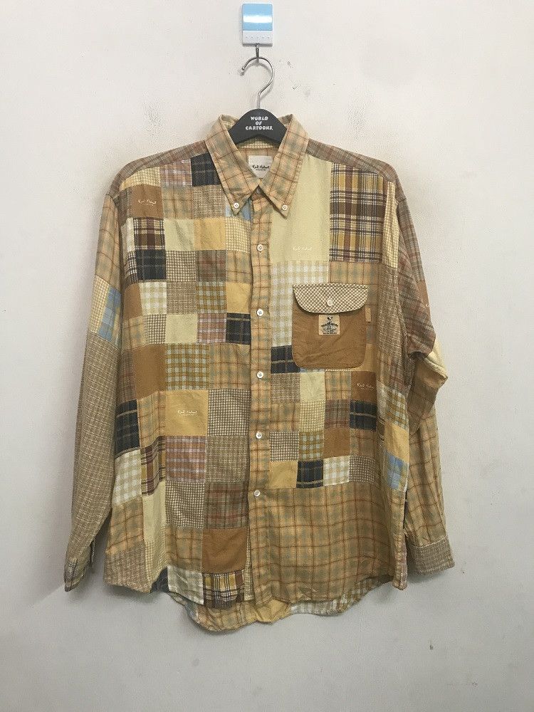 image of Karl Helmut Multi Color Patchwork Long Sleeve Flannel Shirt, Men's (Size Large)