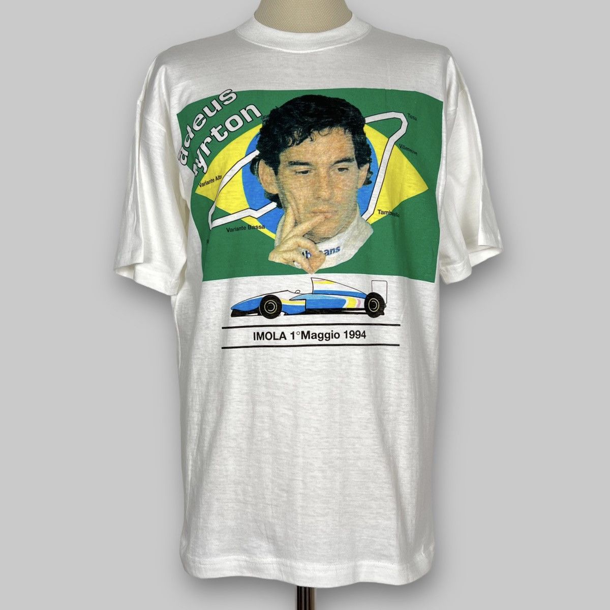 image of Formula Uno x Racing Vintage 1994 Ayrton Senna ‘Adeus Ayrton’ Imola Memorial Tee in White (Size Lar