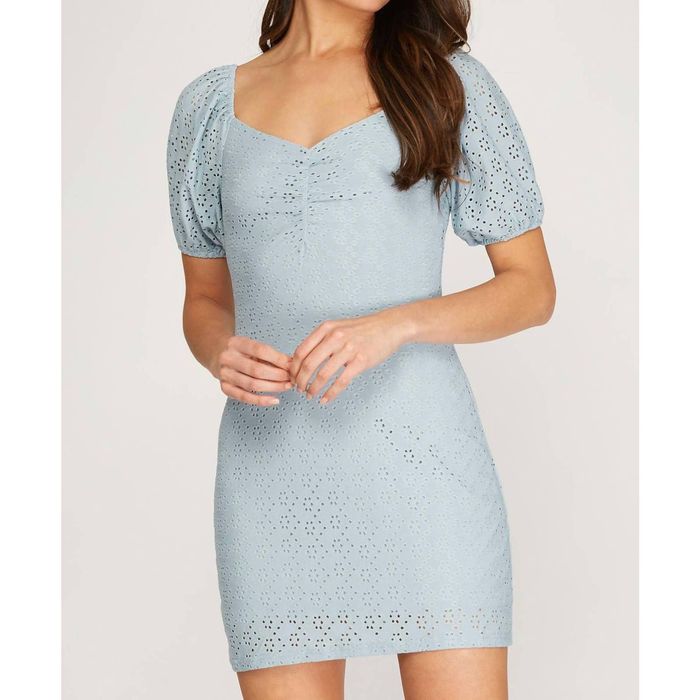 Puff Sleeve Jersey Dress misty blue S