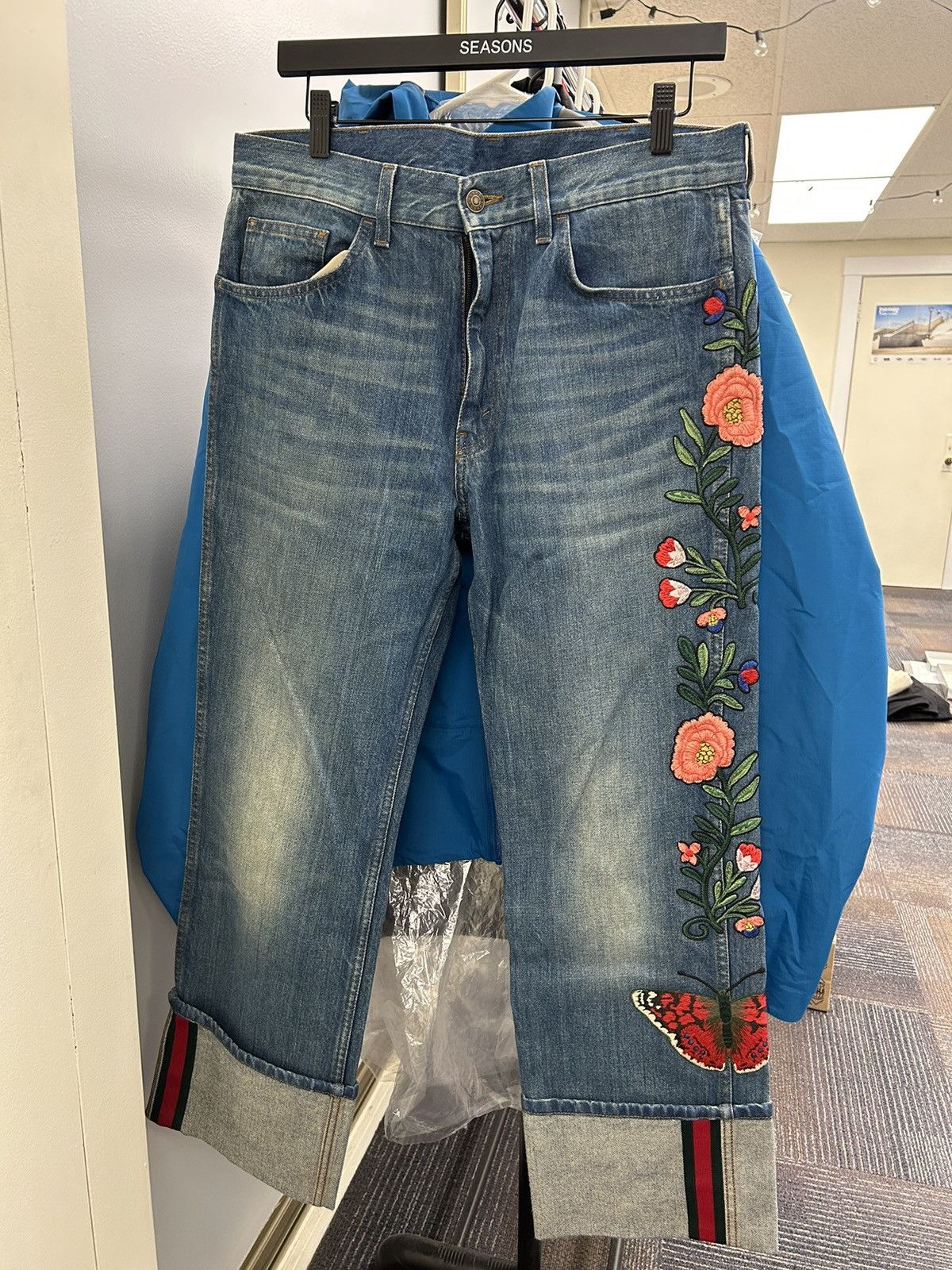 Gucci Embroidered Denim Jeans Flowers Butterfly Size 32 SS16 - Main Image