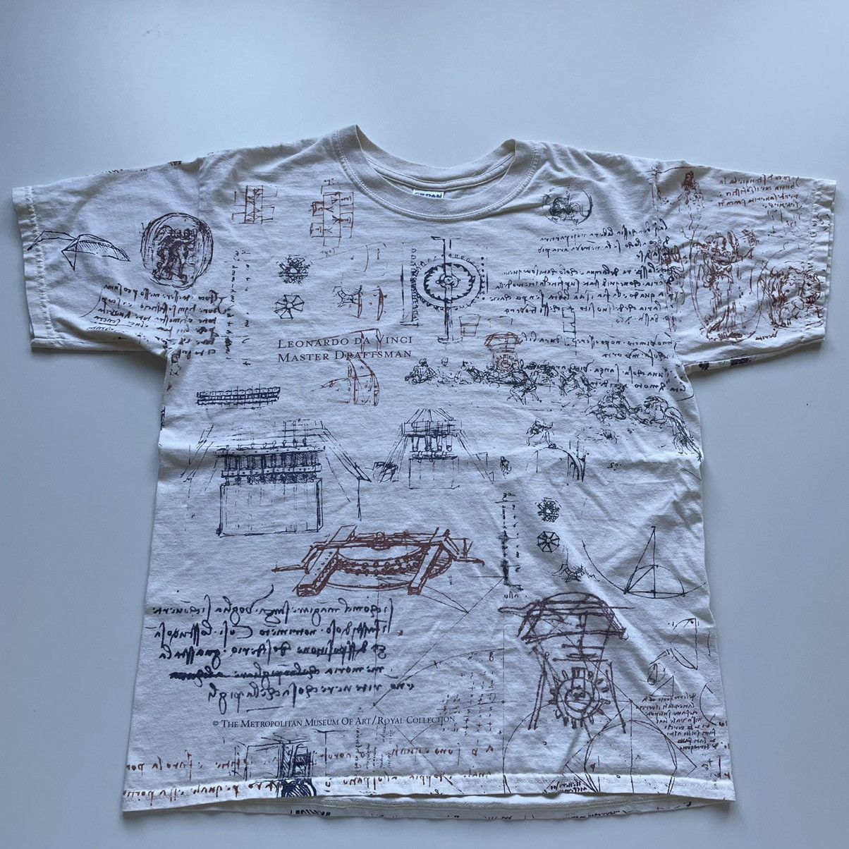 image of 90's Leonardo Da Vinci Art All Over Print T Shirt in Cream, Men's (Size Large)
